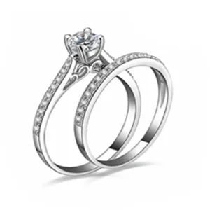 Silver Plated Wedding Ring Shellhard Lovers Crystal Couple Rings Set  For Men Women Jewelry Engagement Wedding Rings 2Pcs