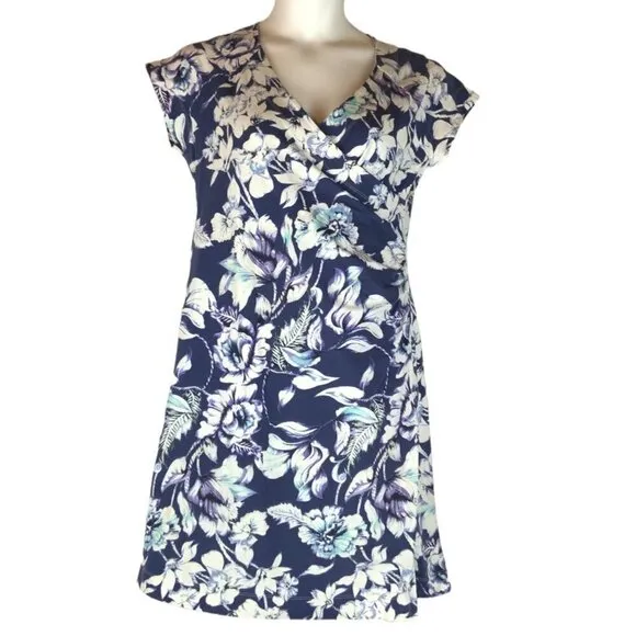 Soft Surroundings Hyannis Floral Print Faux Wrap Dress Size Large Cotton Spandex