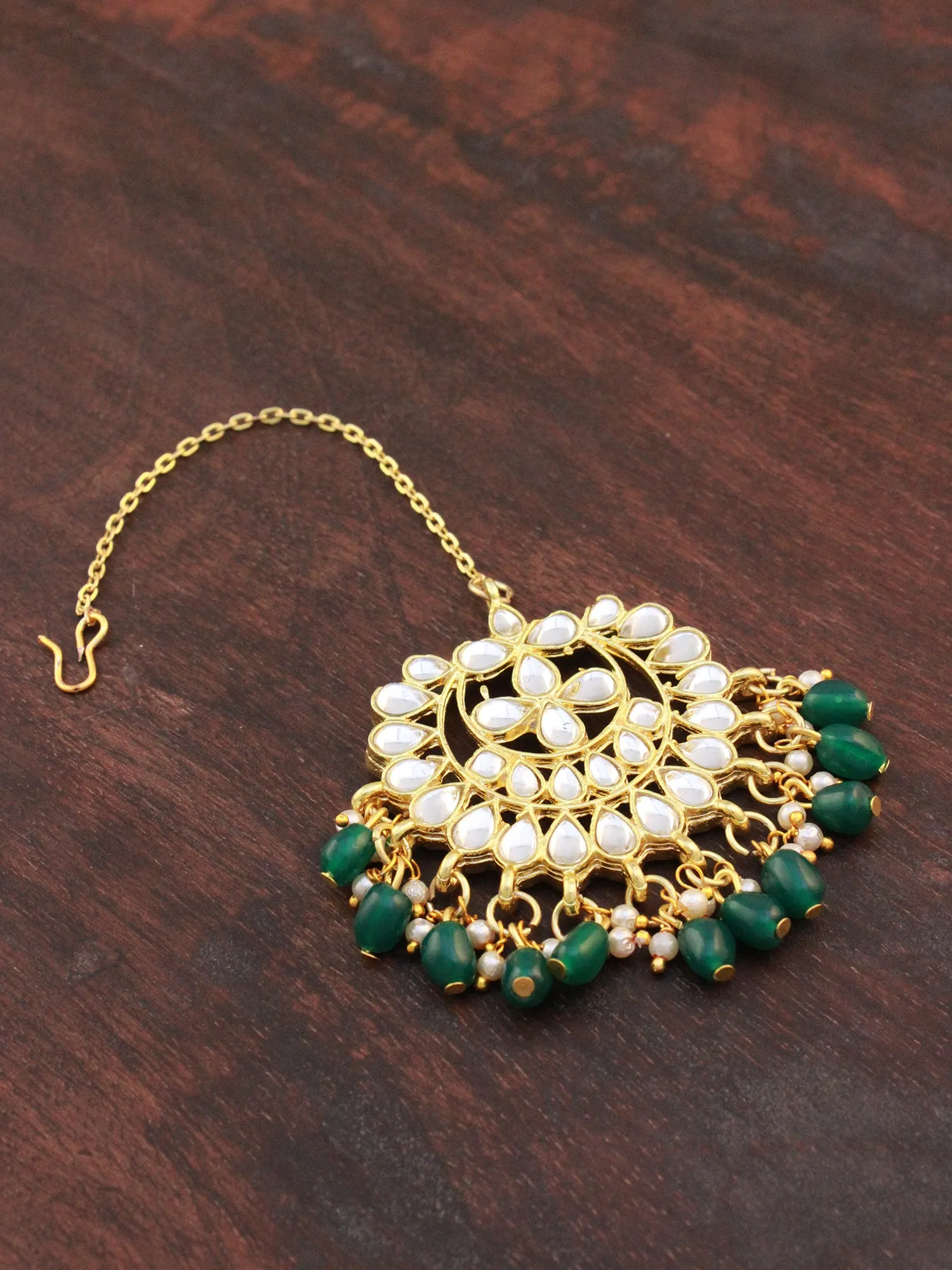 Traditional Gold Plated Green Beads Kundan Maangtikka for Women