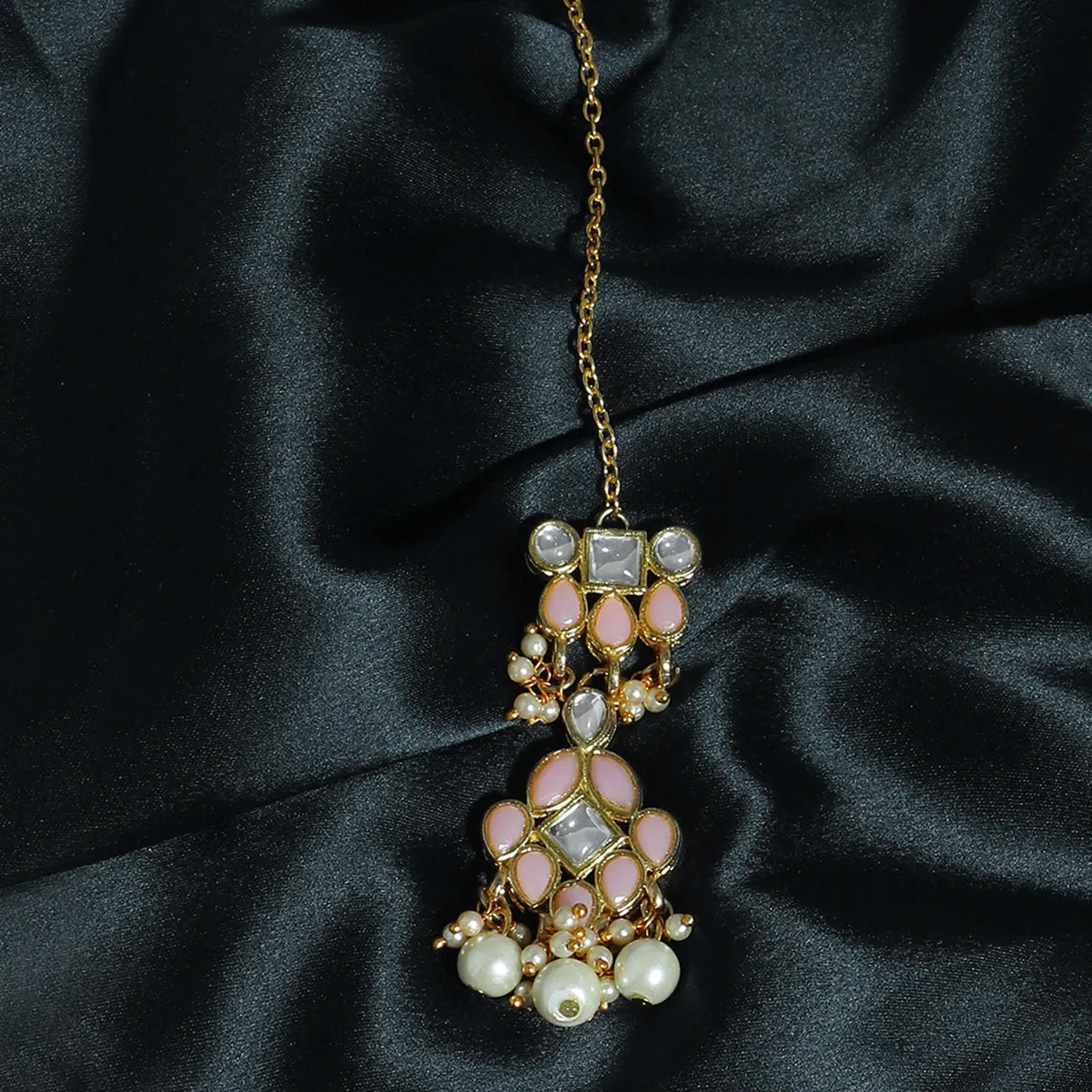 Traditional Gold Plated Pearl Beads Peach Kundan Maangtikka for Women