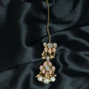 Traditional Gold Plated Pearl Beads Peach Kundan Maangtikka for Women