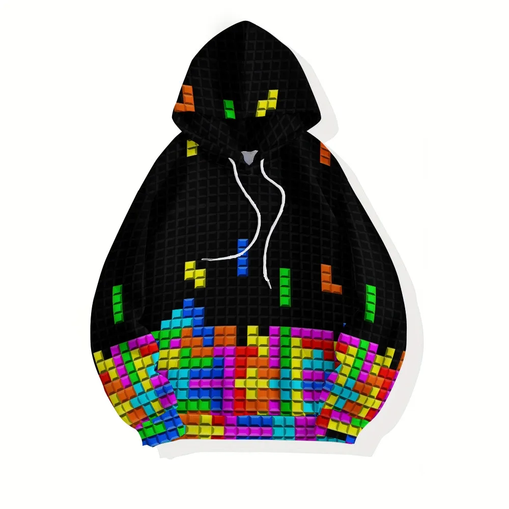 Unisex Casual Tetris Print Pocket Hoodie 2308100168