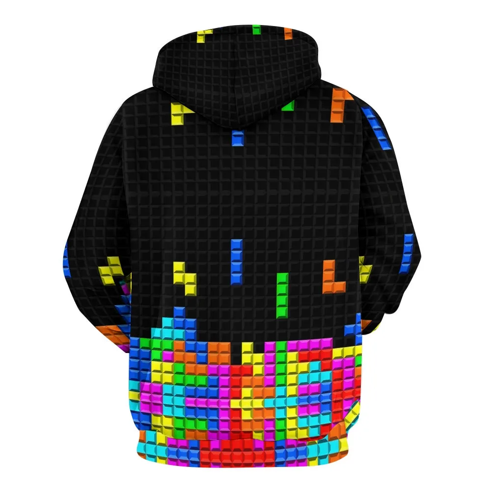 Unisex Casual Tetris Print Pocket Hoodie 2308100168