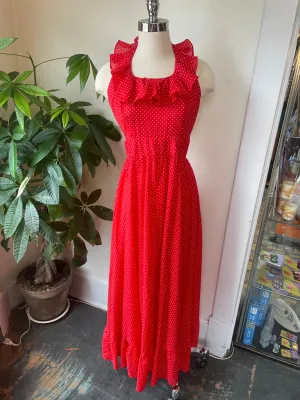 Vintage 60s 70s red and white polka dot halter maxi dress with ruffle collar // boho hippie // spring Flower child (HT2327)