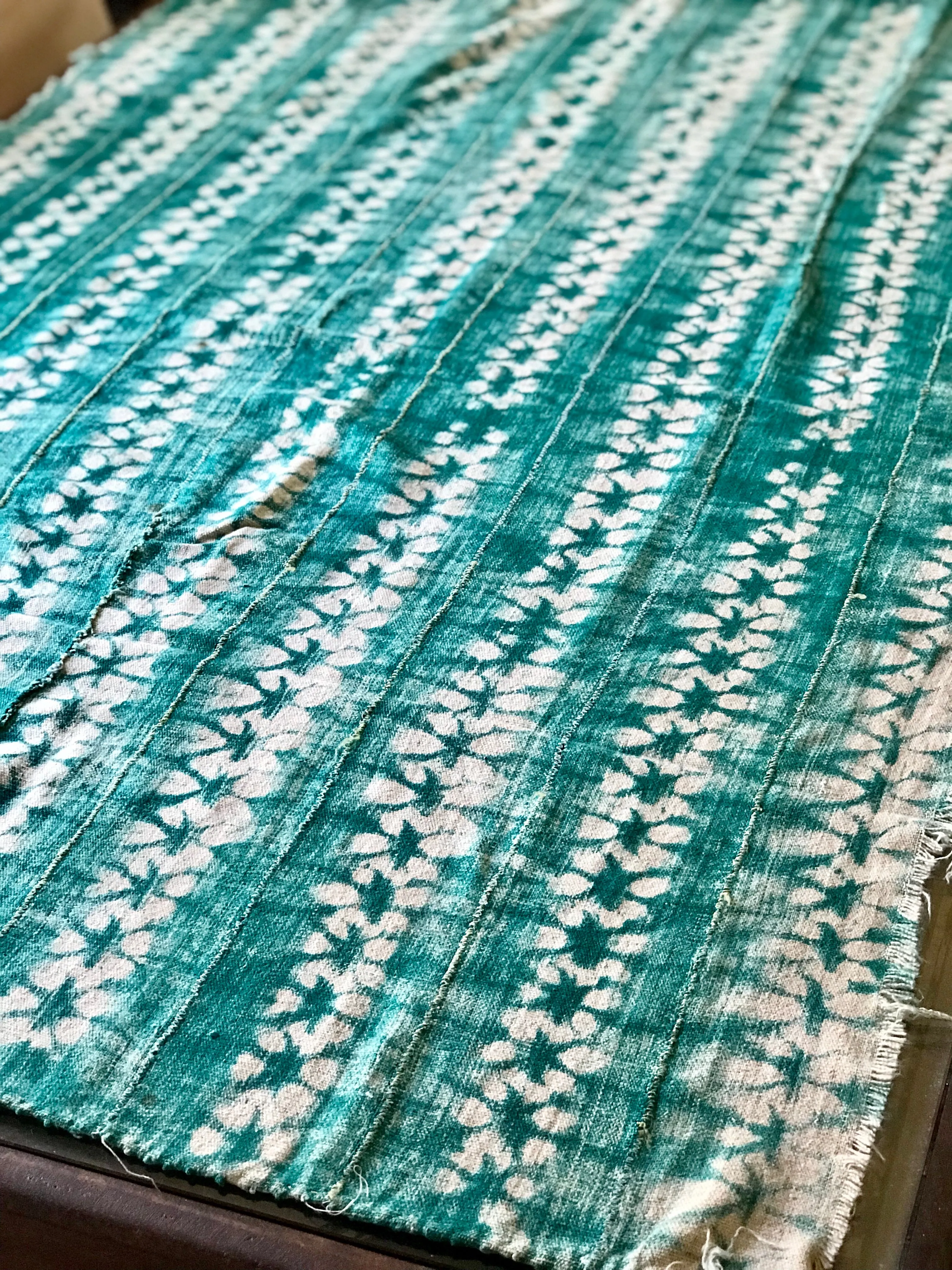 Vintage African Mudcloth | Green with White Hibiscus Flowers