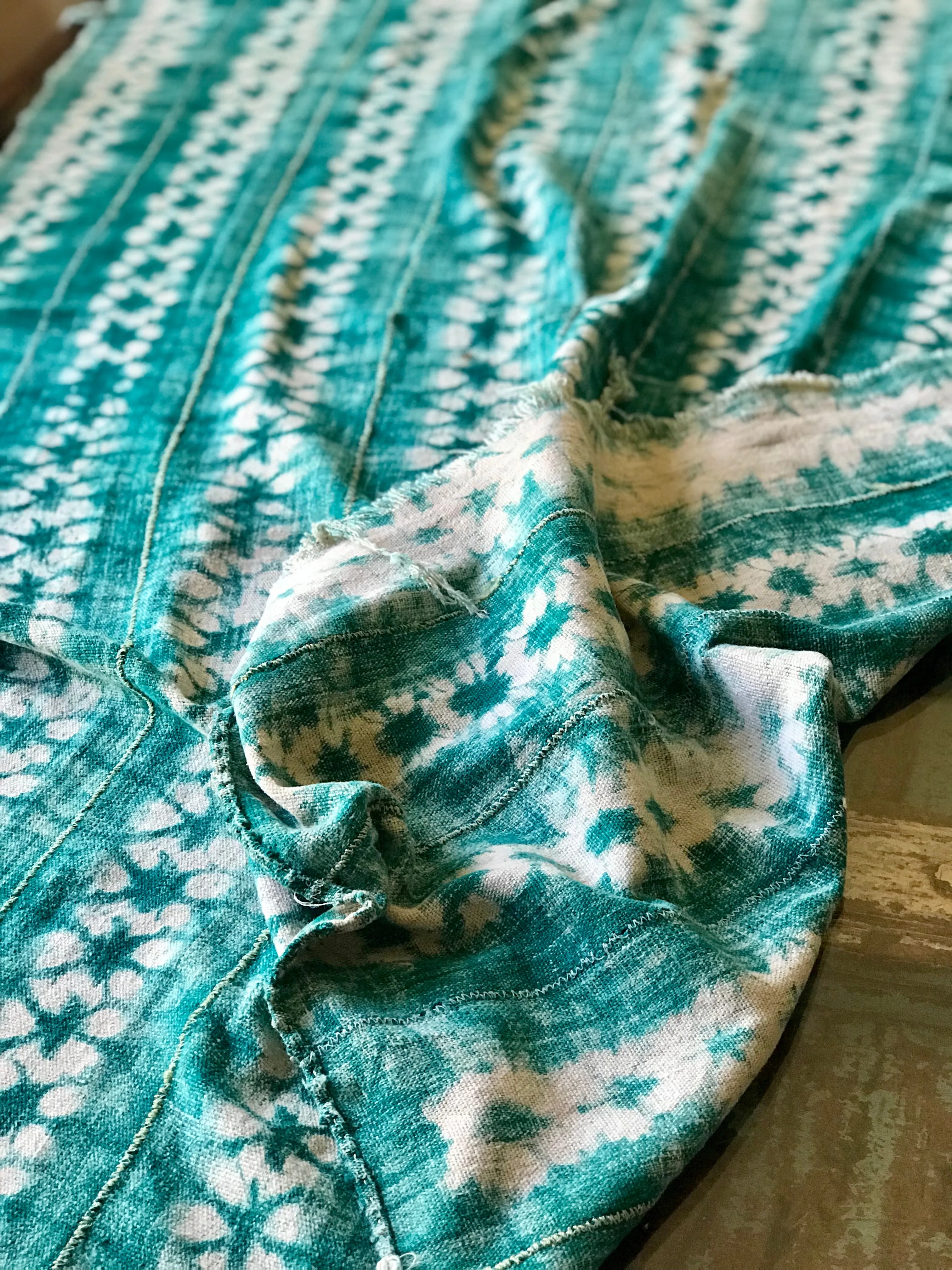 Vintage African Mudcloth | Green with White Hibiscus Flowers