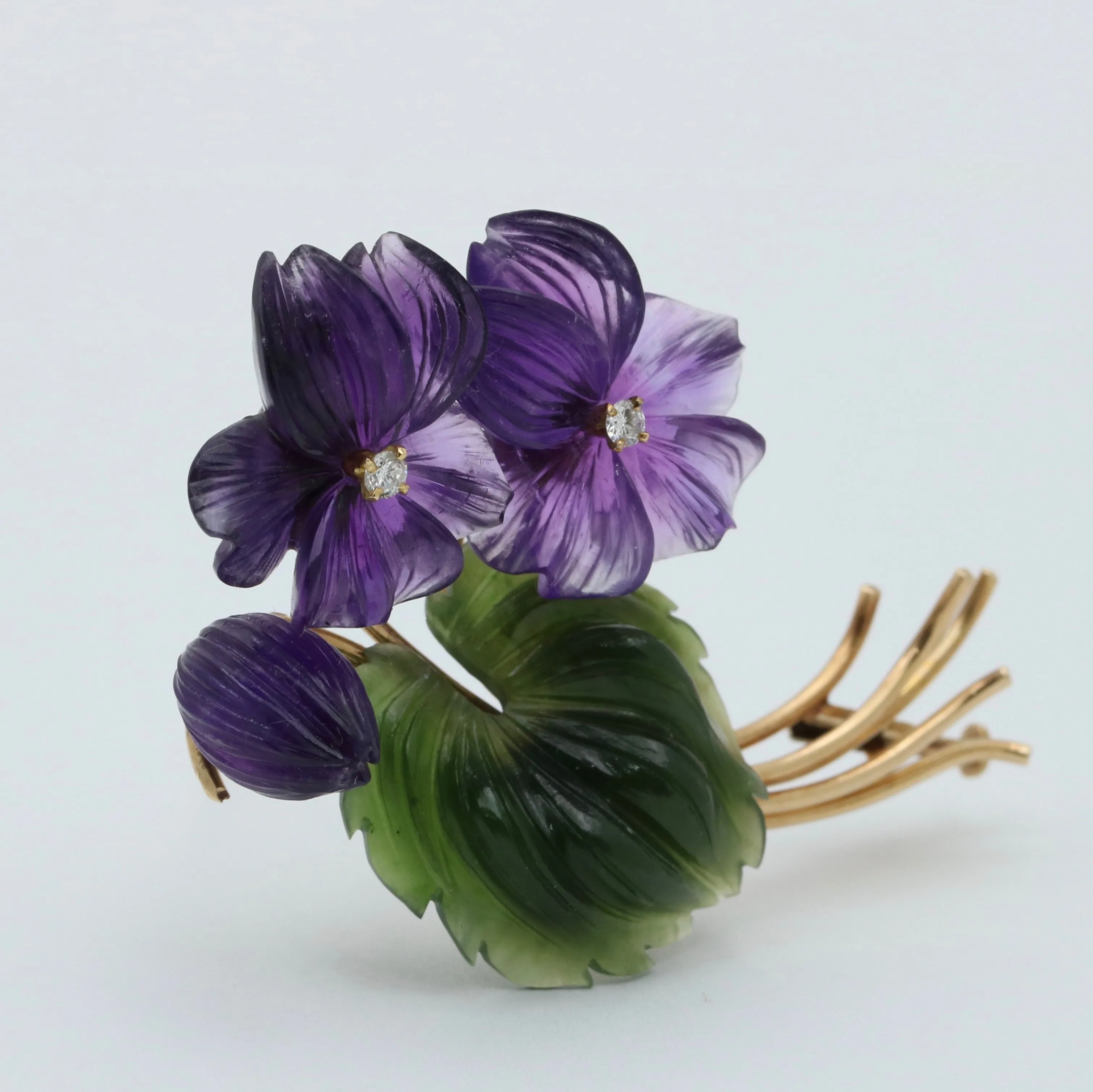 Vintage Austrian Amethyst and Nephrite Jade Flower Brooch