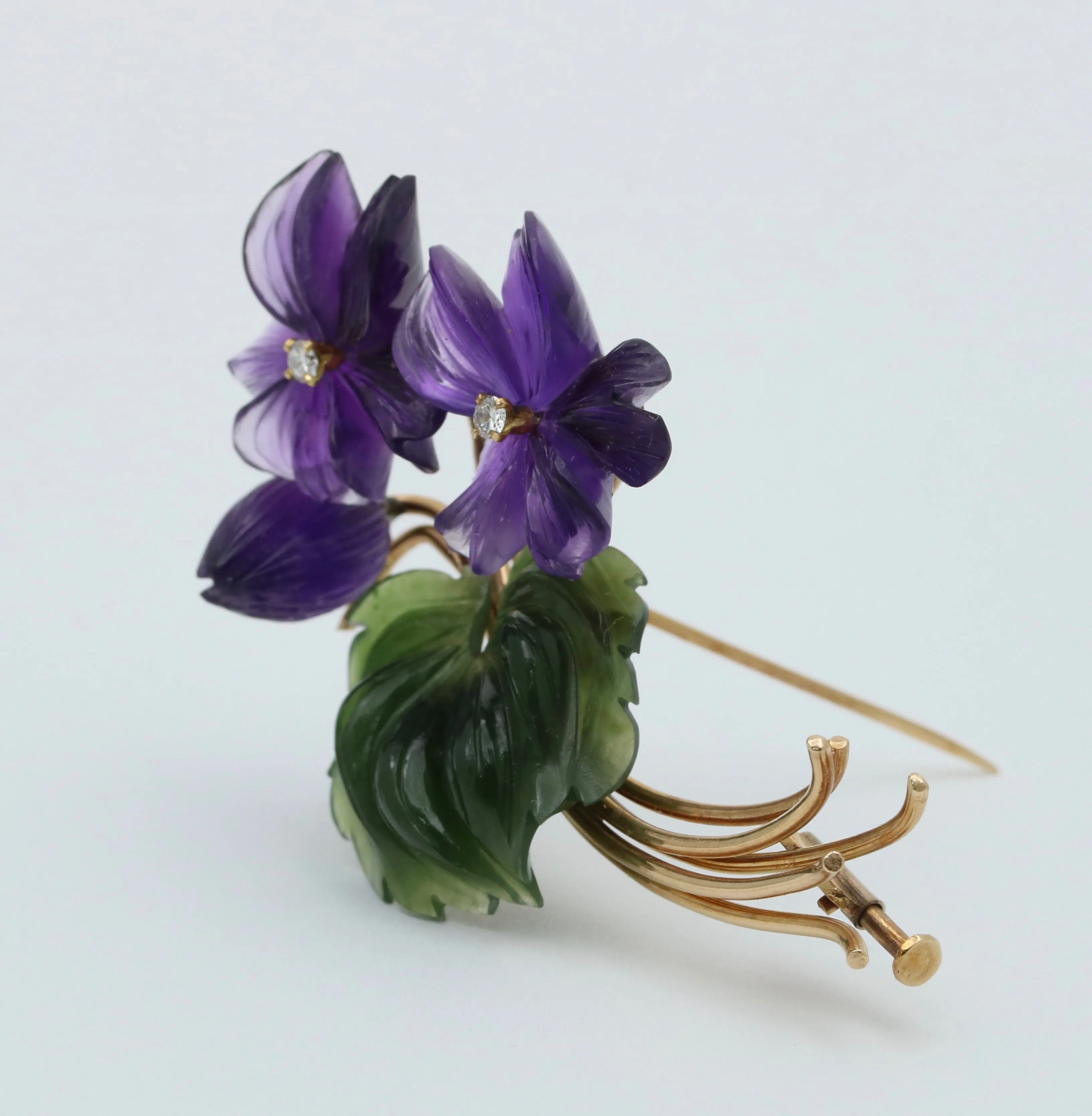 Vintage Austrian Amethyst and Nephrite Jade Flower Brooch