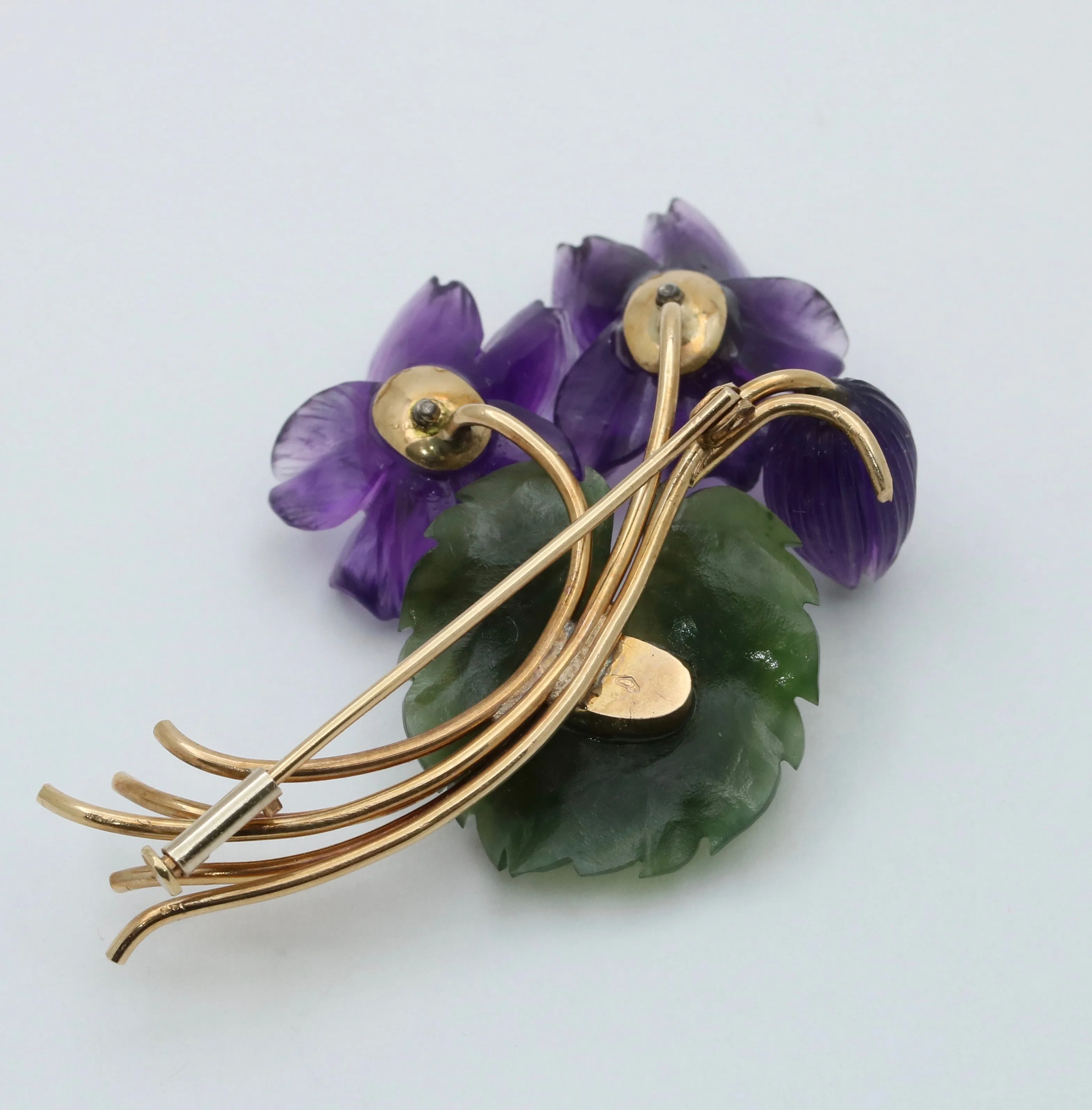 Vintage Austrian Amethyst and Nephrite Jade Flower Brooch