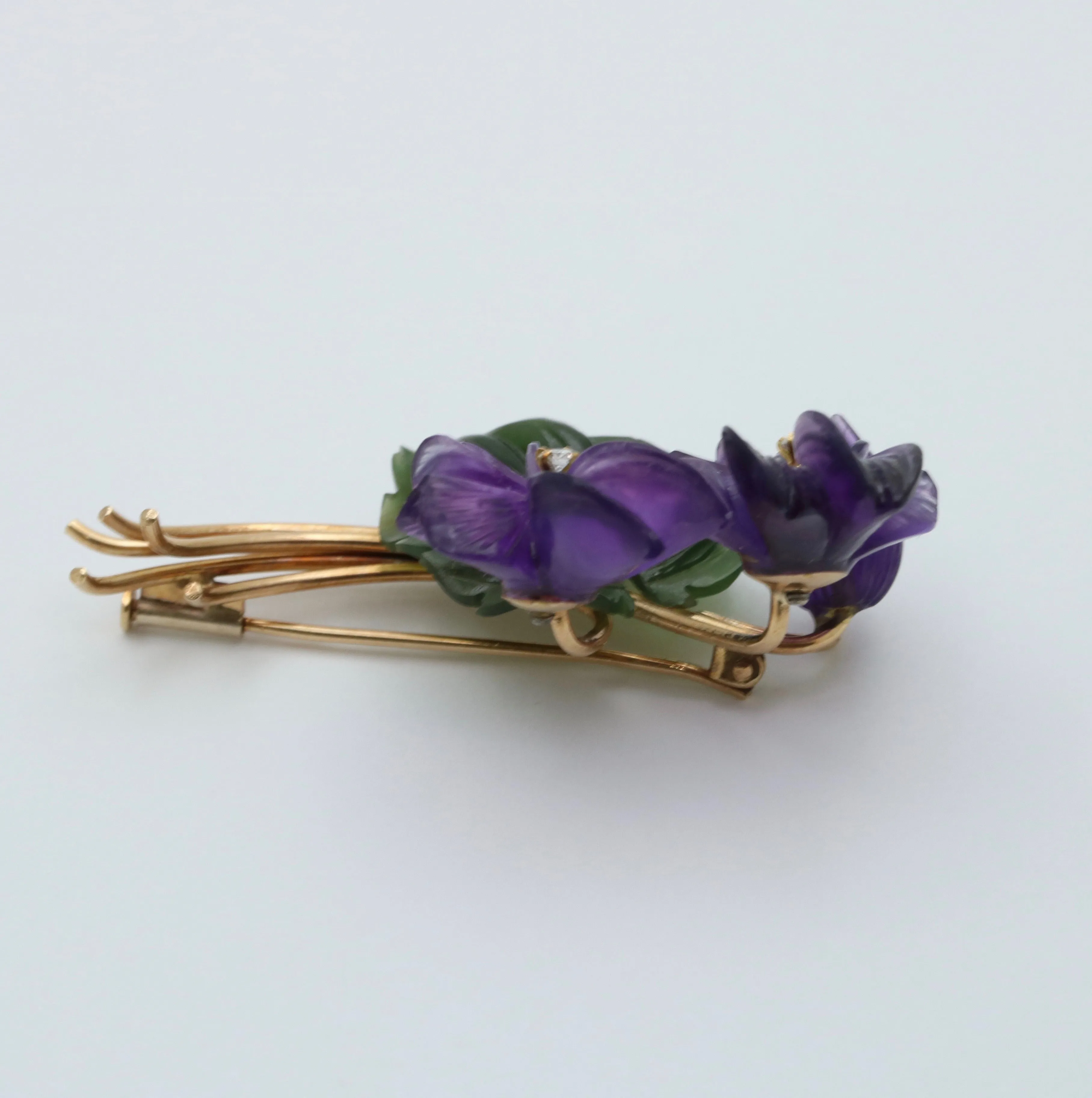Vintage Austrian Amethyst and Nephrite Jade Flower Brooch