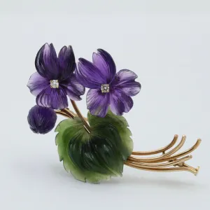 Vintage Austrian Amethyst and Nephrite Jade Flower Brooch