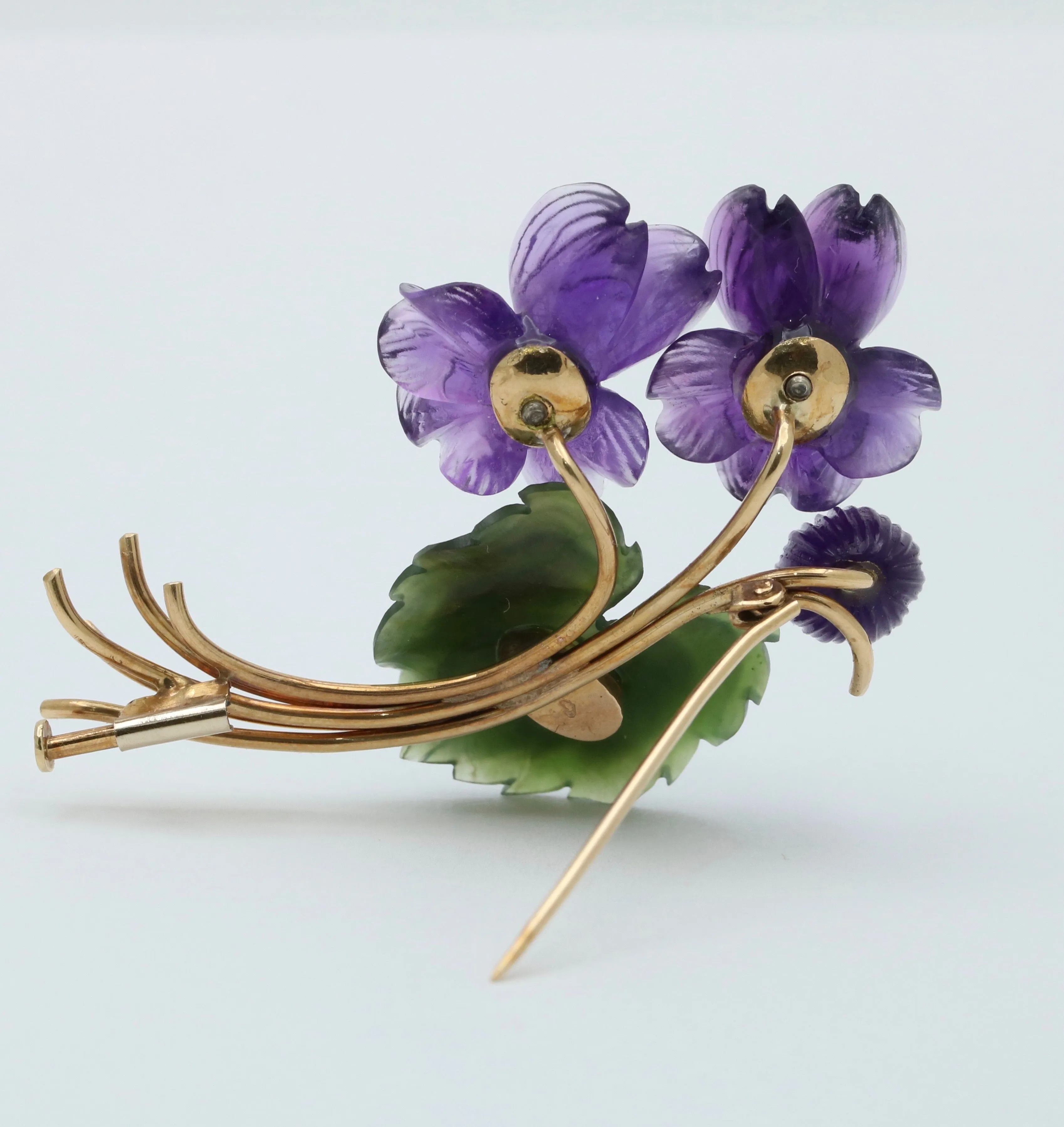 Vintage Austrian Amethyst and Nephrite Jade Flower Brooch