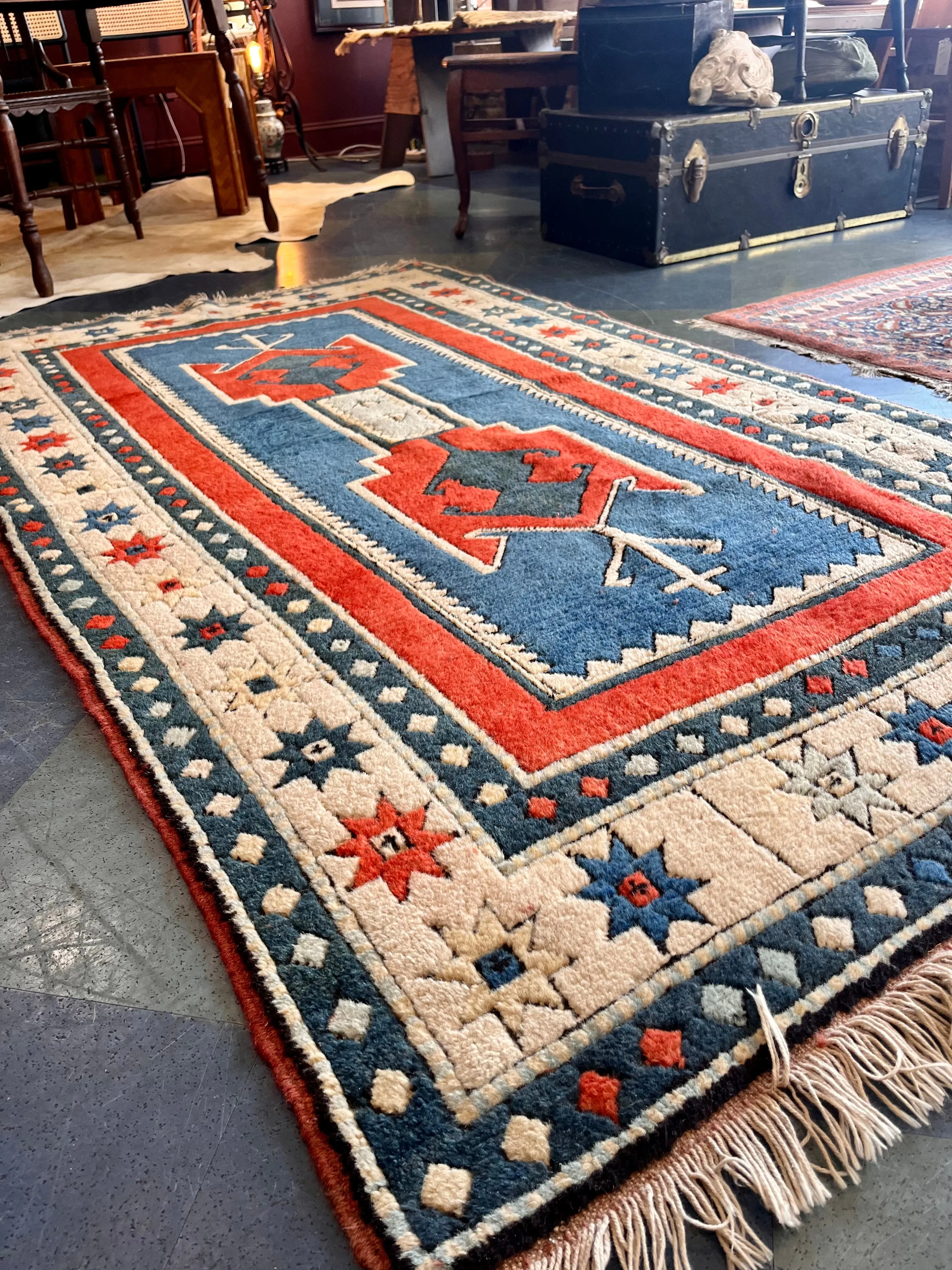 Vintage Blue and Red Southwest Style Rug