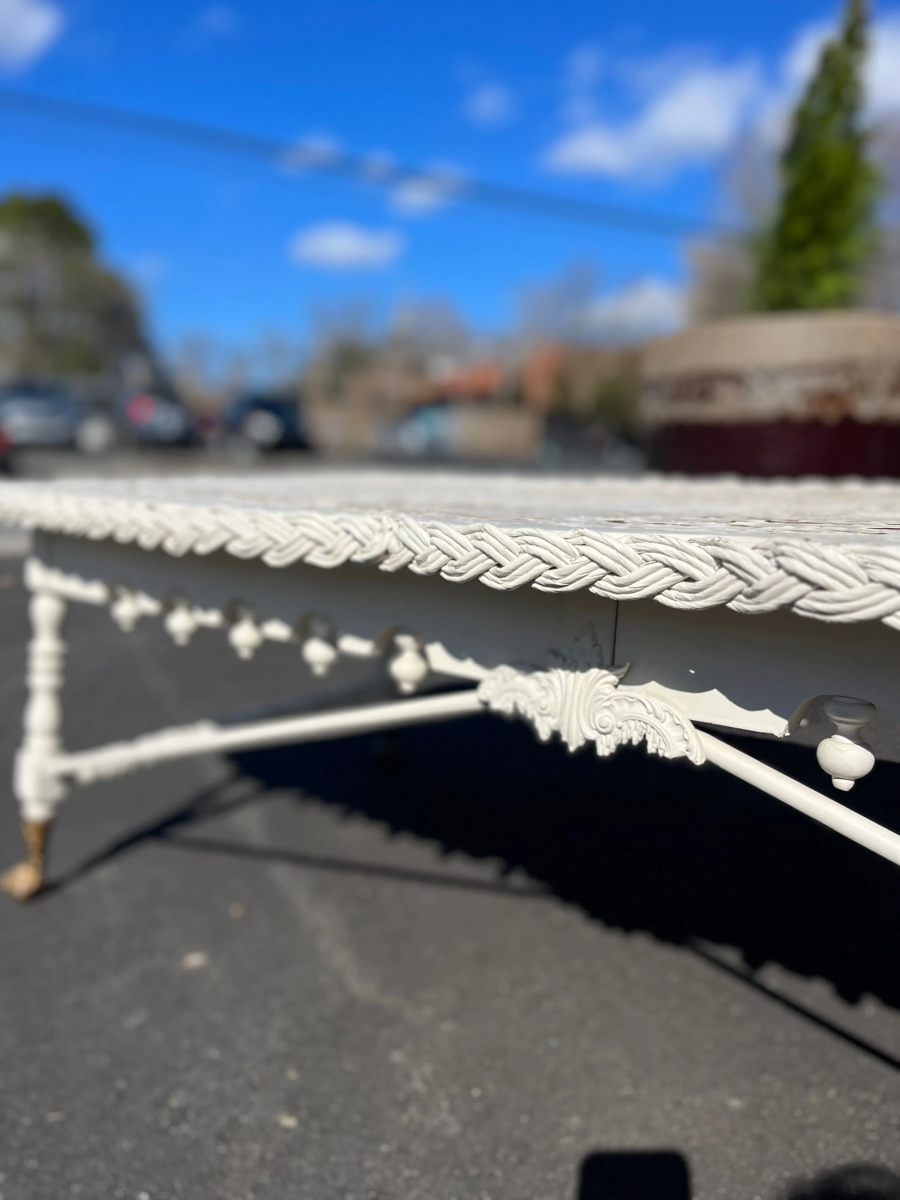 Vintage Distressed White Wood & Wicker Coffee Table