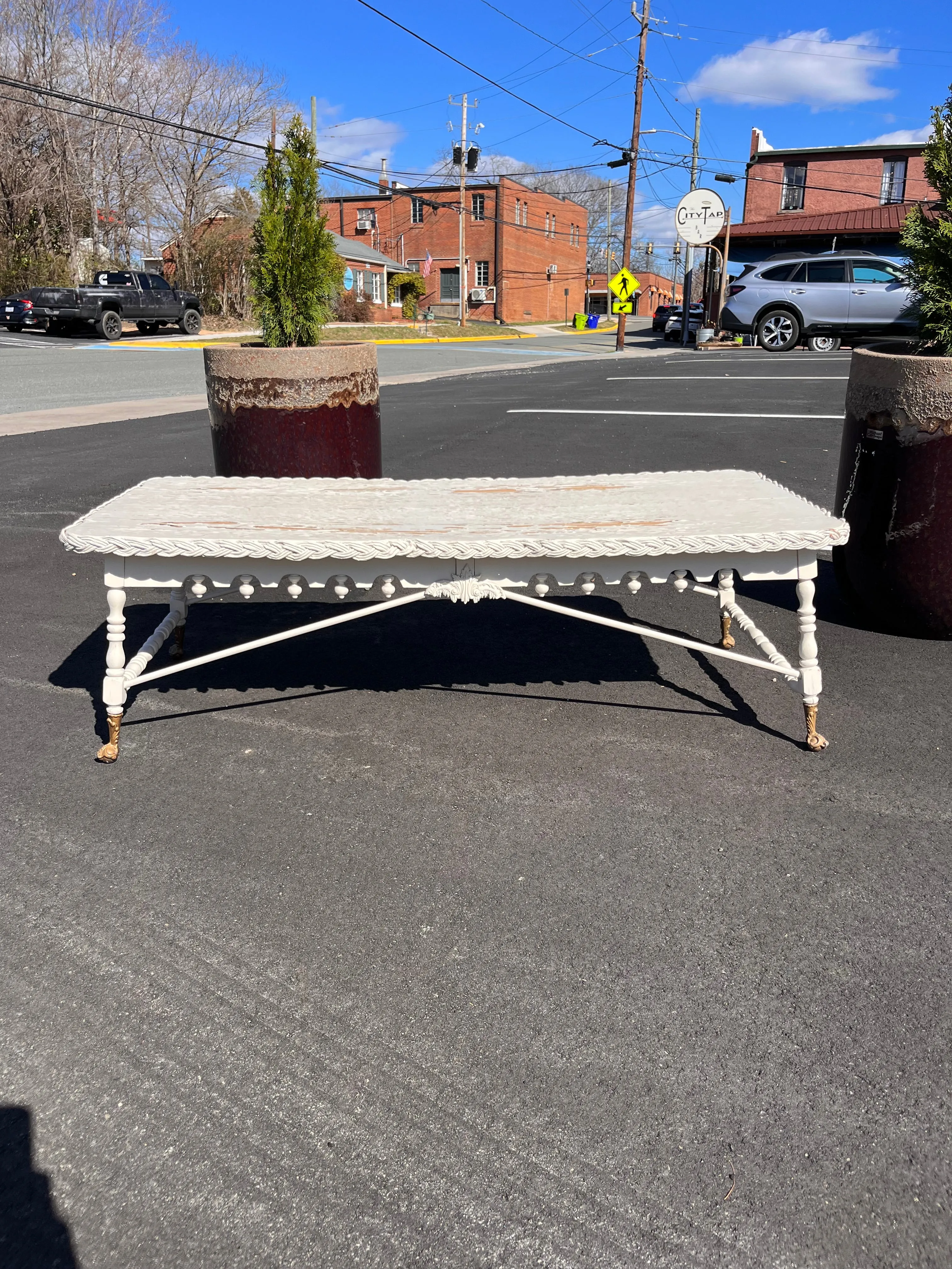 Vintage Distressed White Wood & Wicker Coffee Table