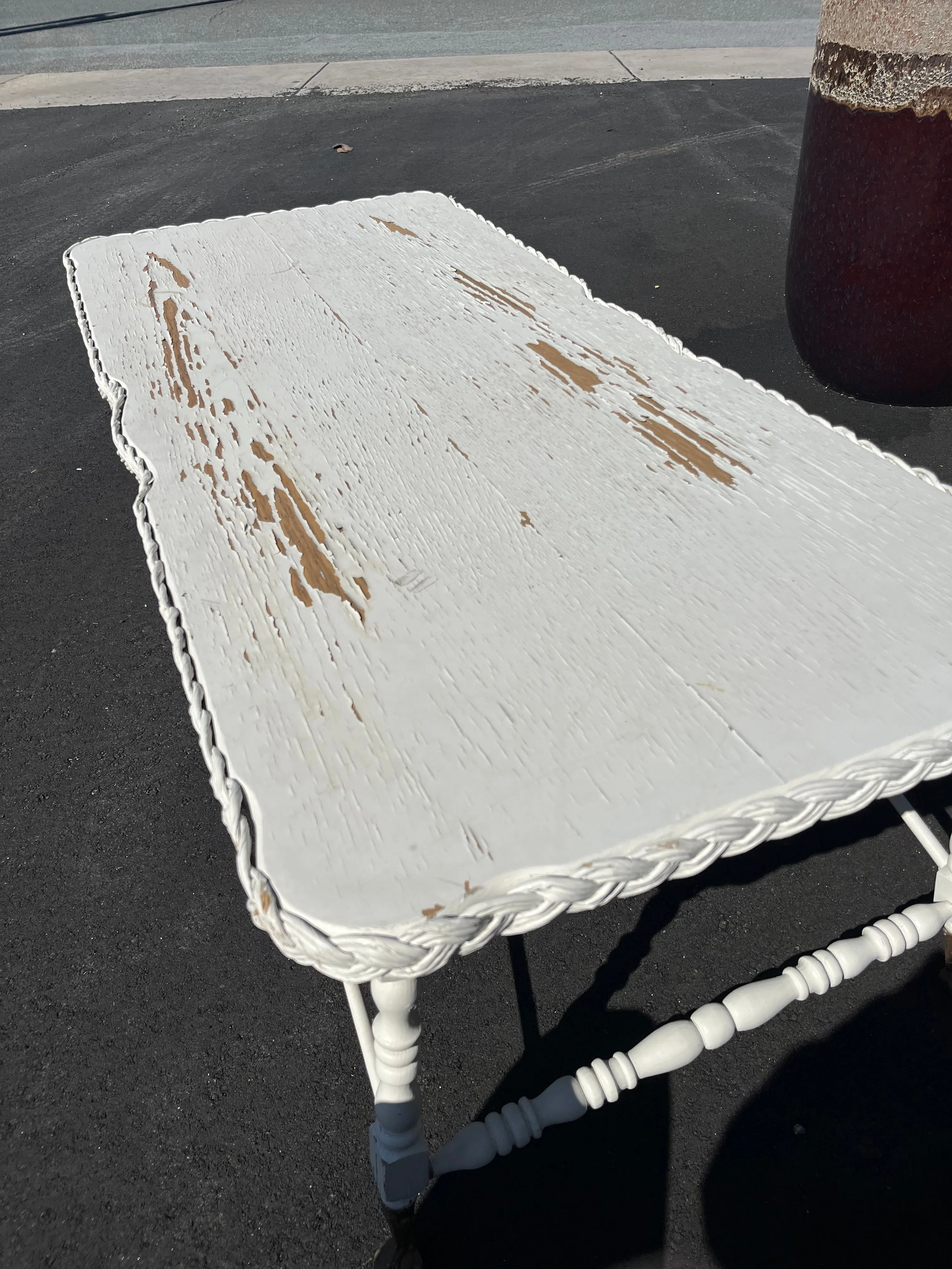 Vintage Distressed White Wood & Wicker Coffee Table