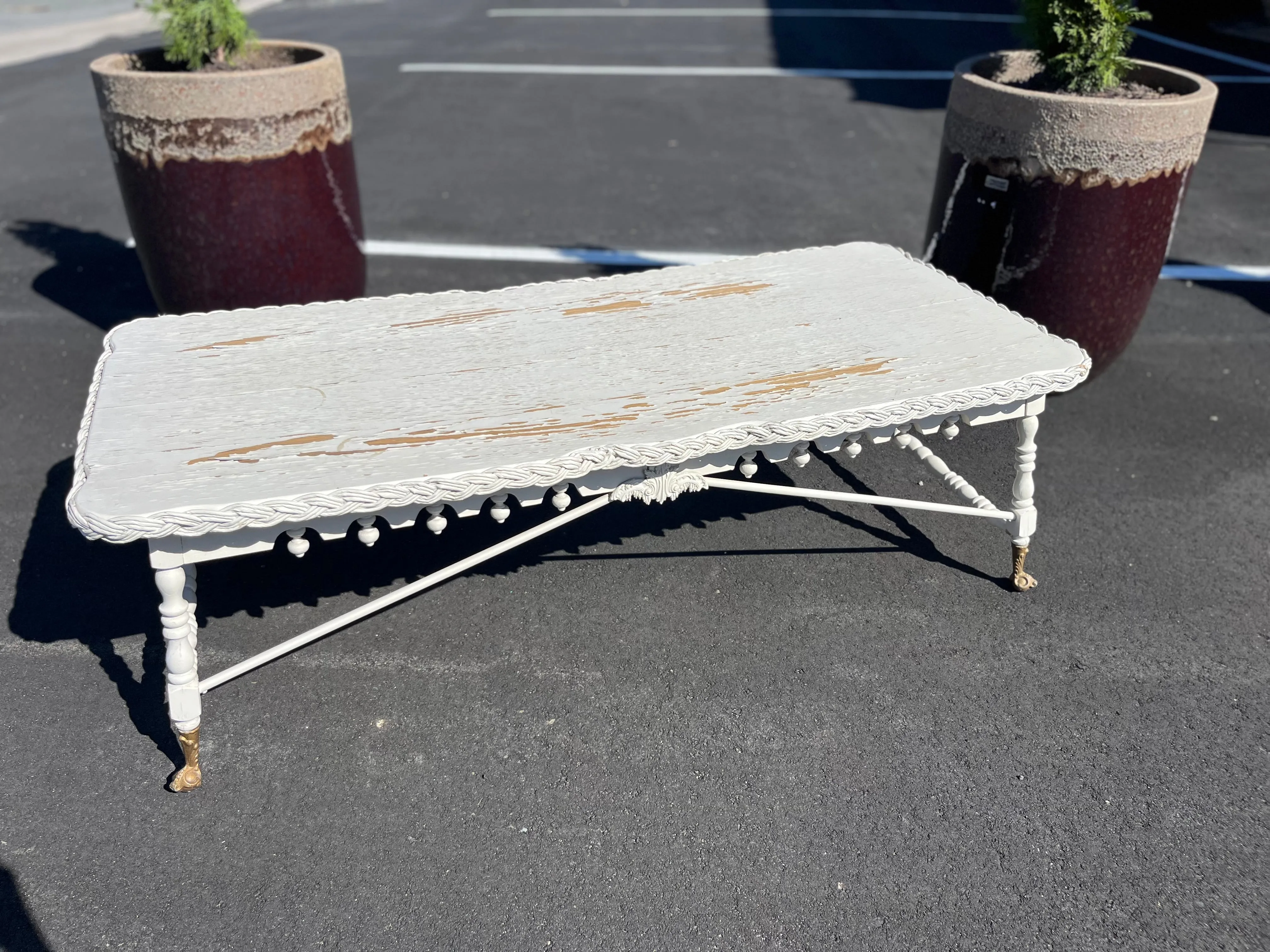 Vintage Distressed White Wood & Wicker Coffee Table