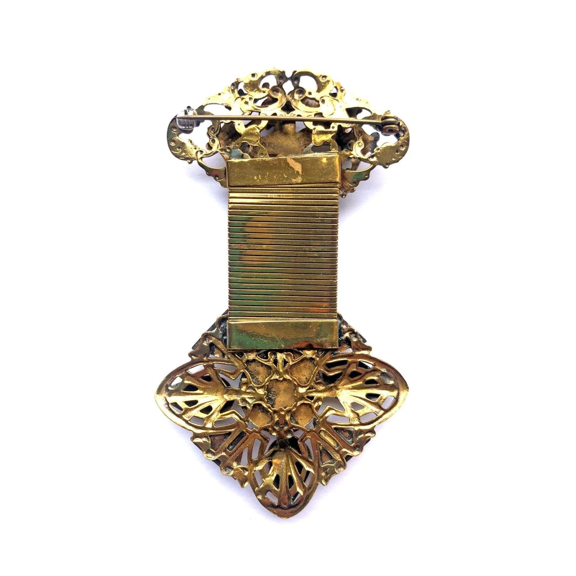 Vintage Gold Fob Style Brooch with Rhinestones