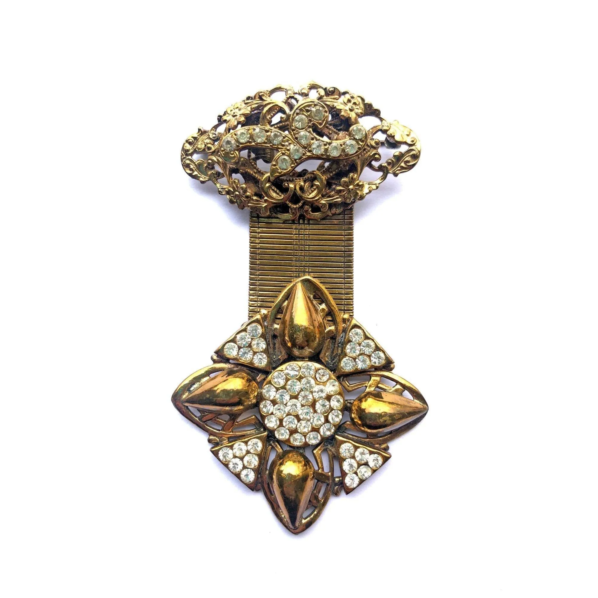 Vintage Gold Fob Style Brooch with Rhinestones