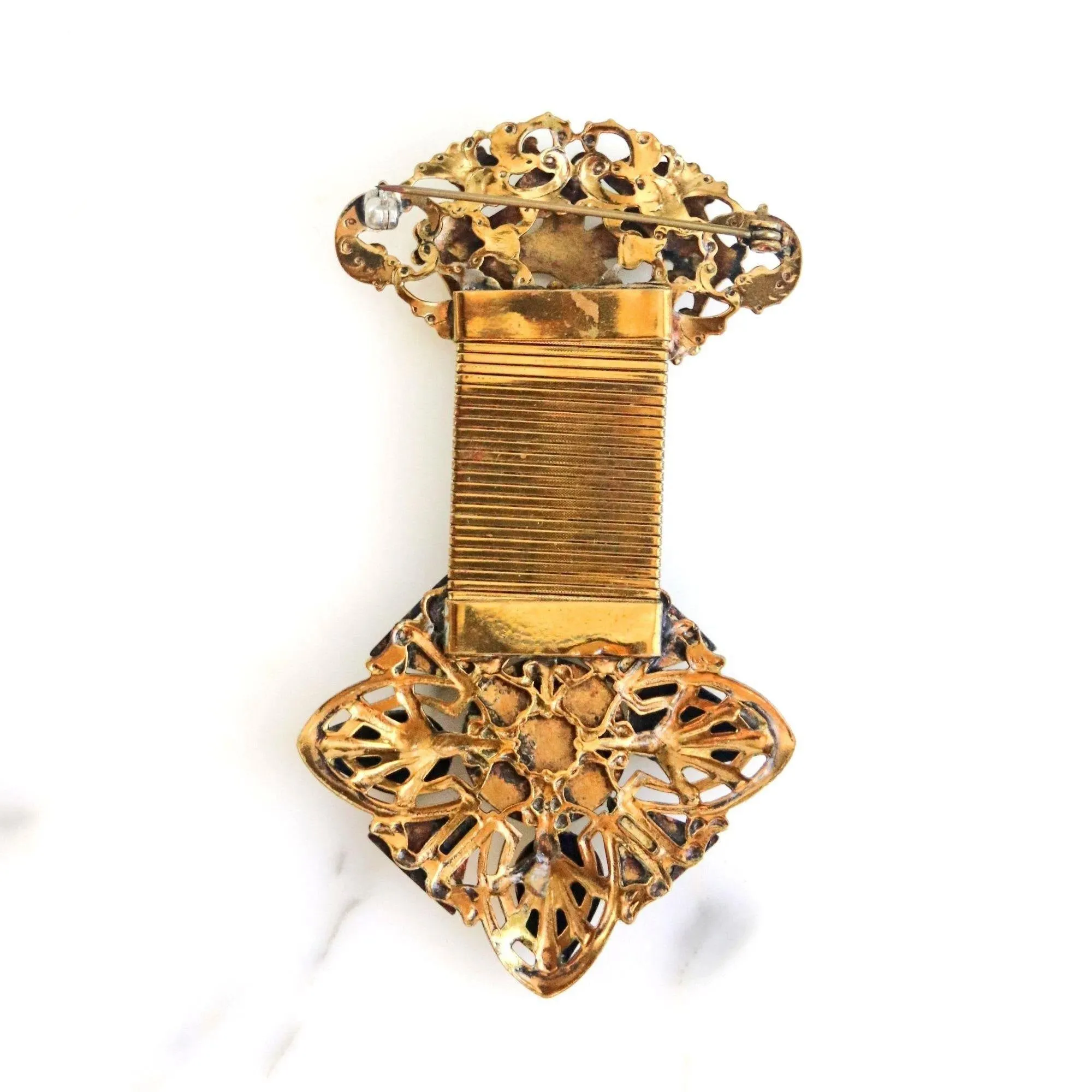Vintage Gold Fob Style Brooch with Rhinestones