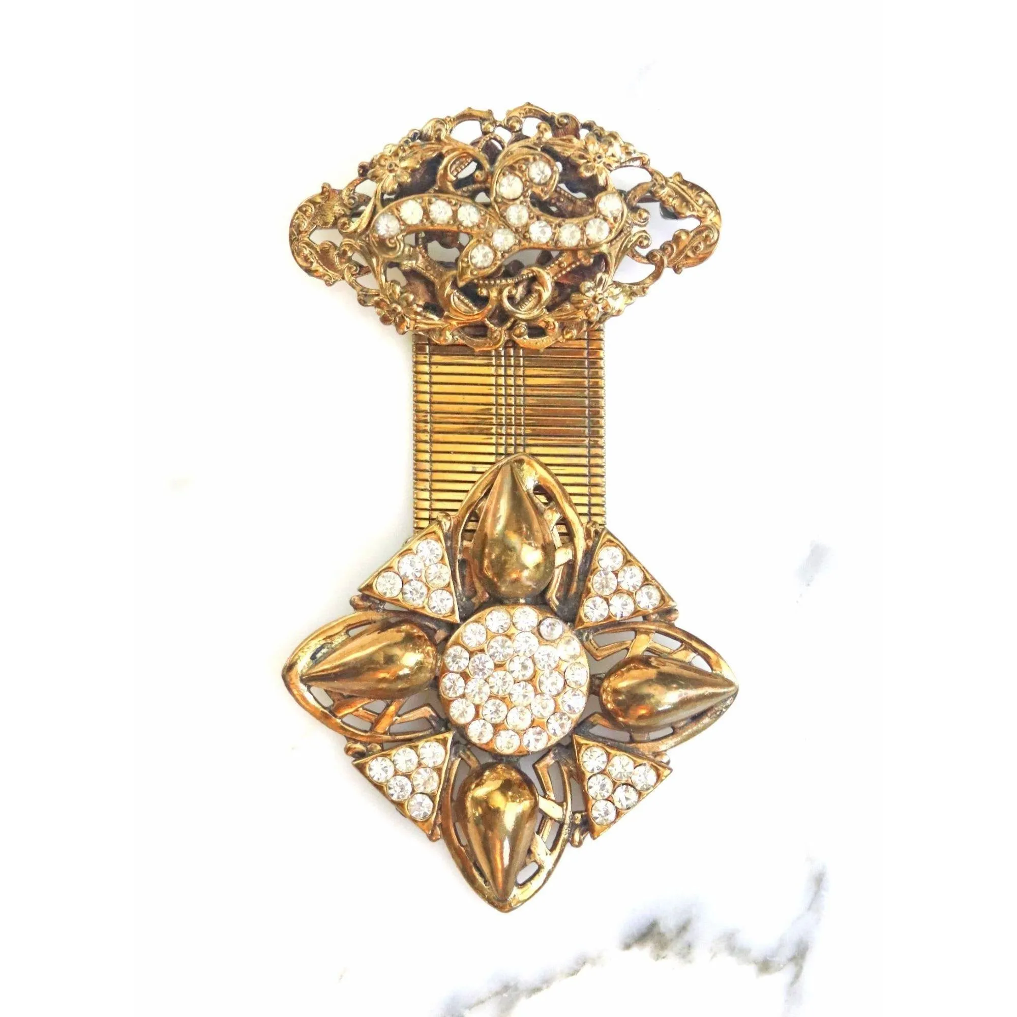 Vintage Gold Fob Style Brooch with Rhinestones