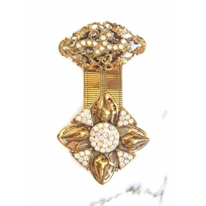 Vintage Gold Fob Style Brooch with Rhinestones