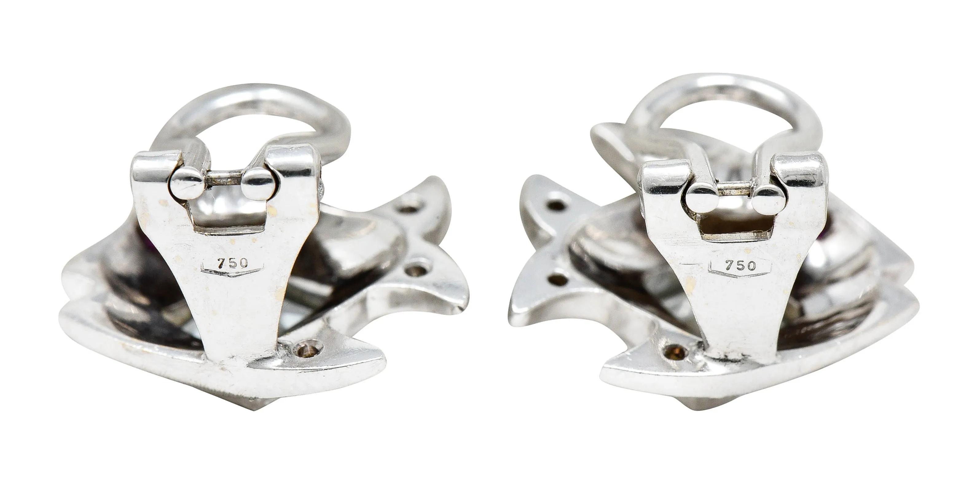Vintage Italian Aquamarine Garnet Diamond 18 Karat White Gold Fish Ear-Clip Earrings