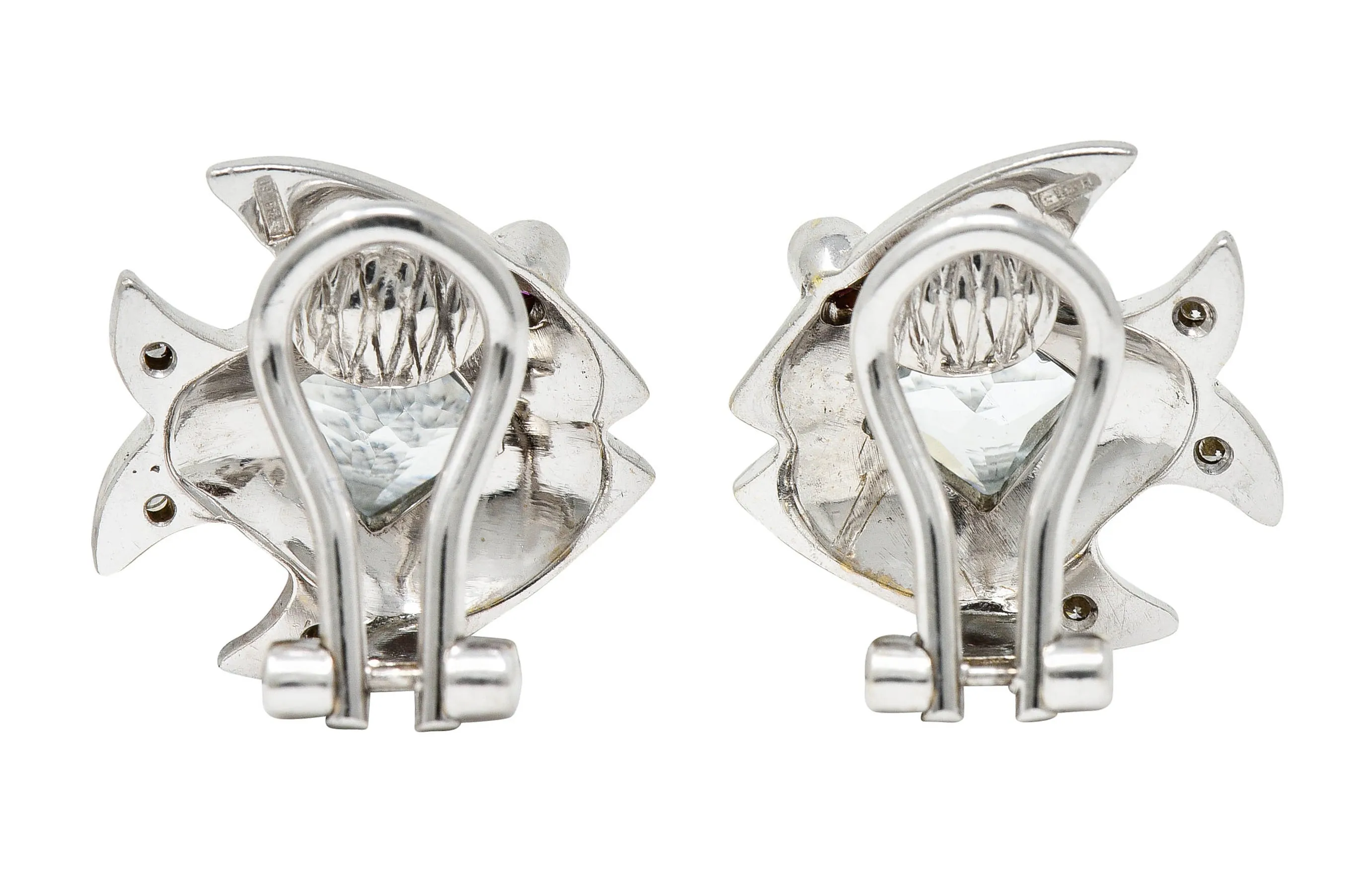 Vintage Italian Aquamarine Garnet Diamond 18 Karat White Gold Fish Ear-Clip Earrings