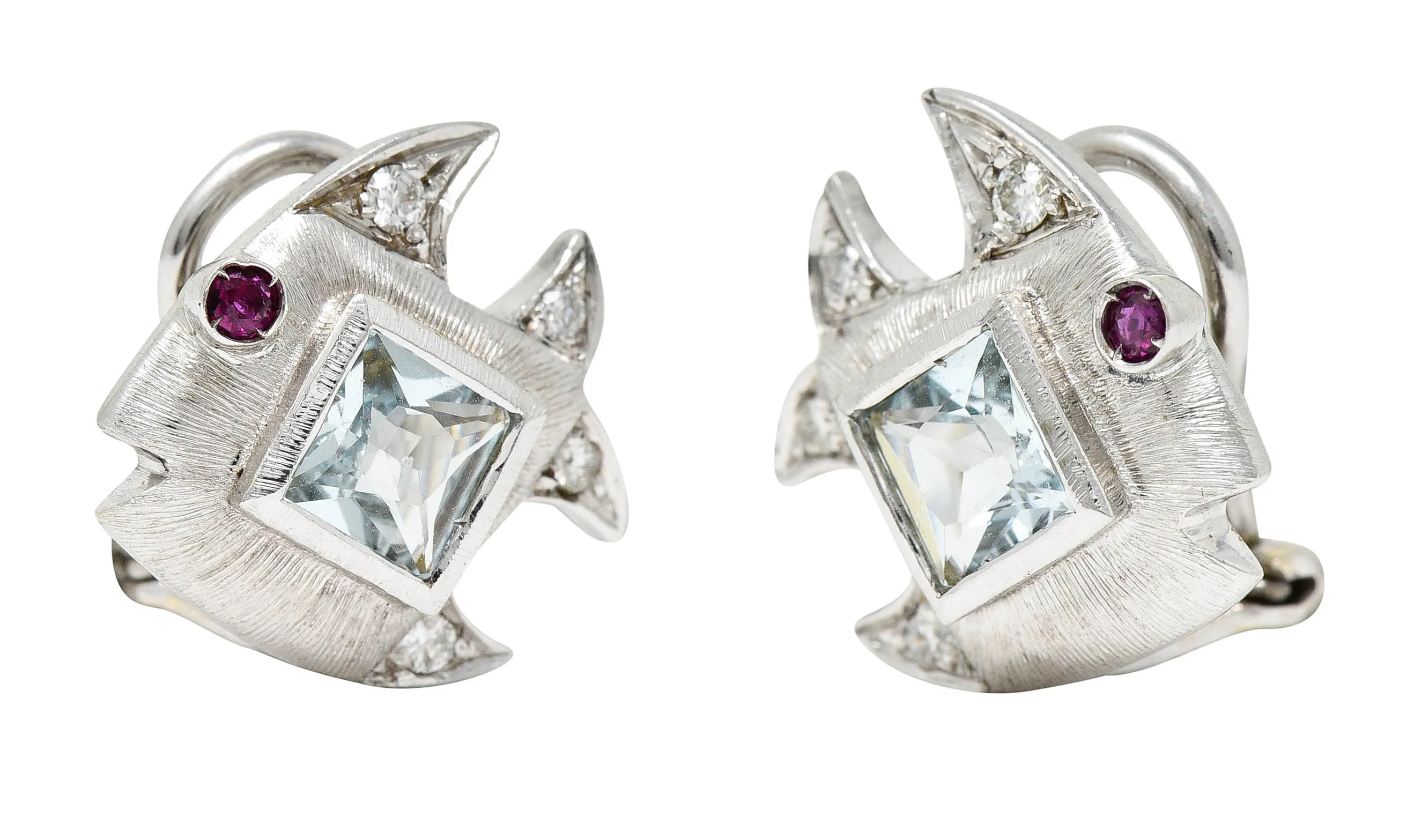 Vintage Italian Aquamarine Garnet Diamond 18 Karat White Gold Fish Ear-Clip Earrings