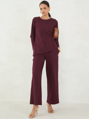 Wine Cotton Knit Twist Detail Co-Ord Set