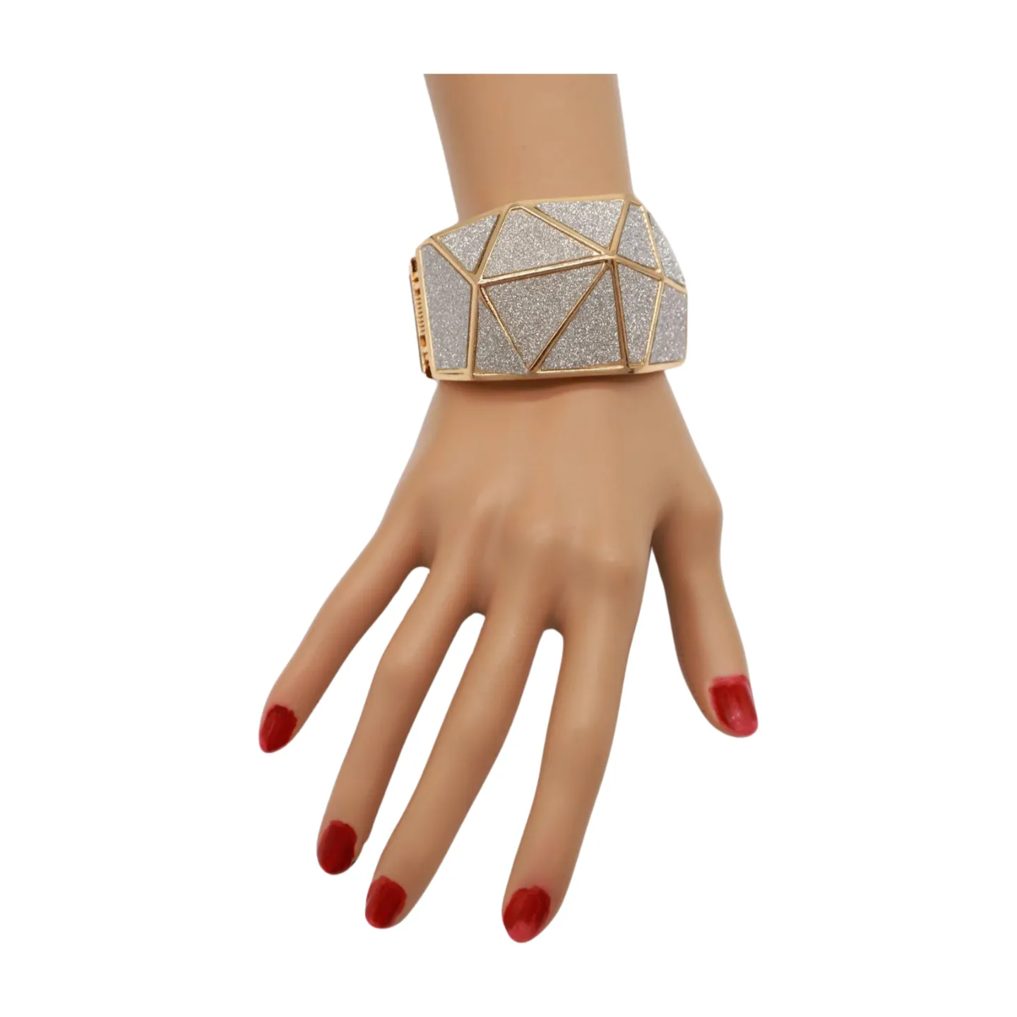 Women Gold Metal Wide Bracelet Silver Sparkling Glitter