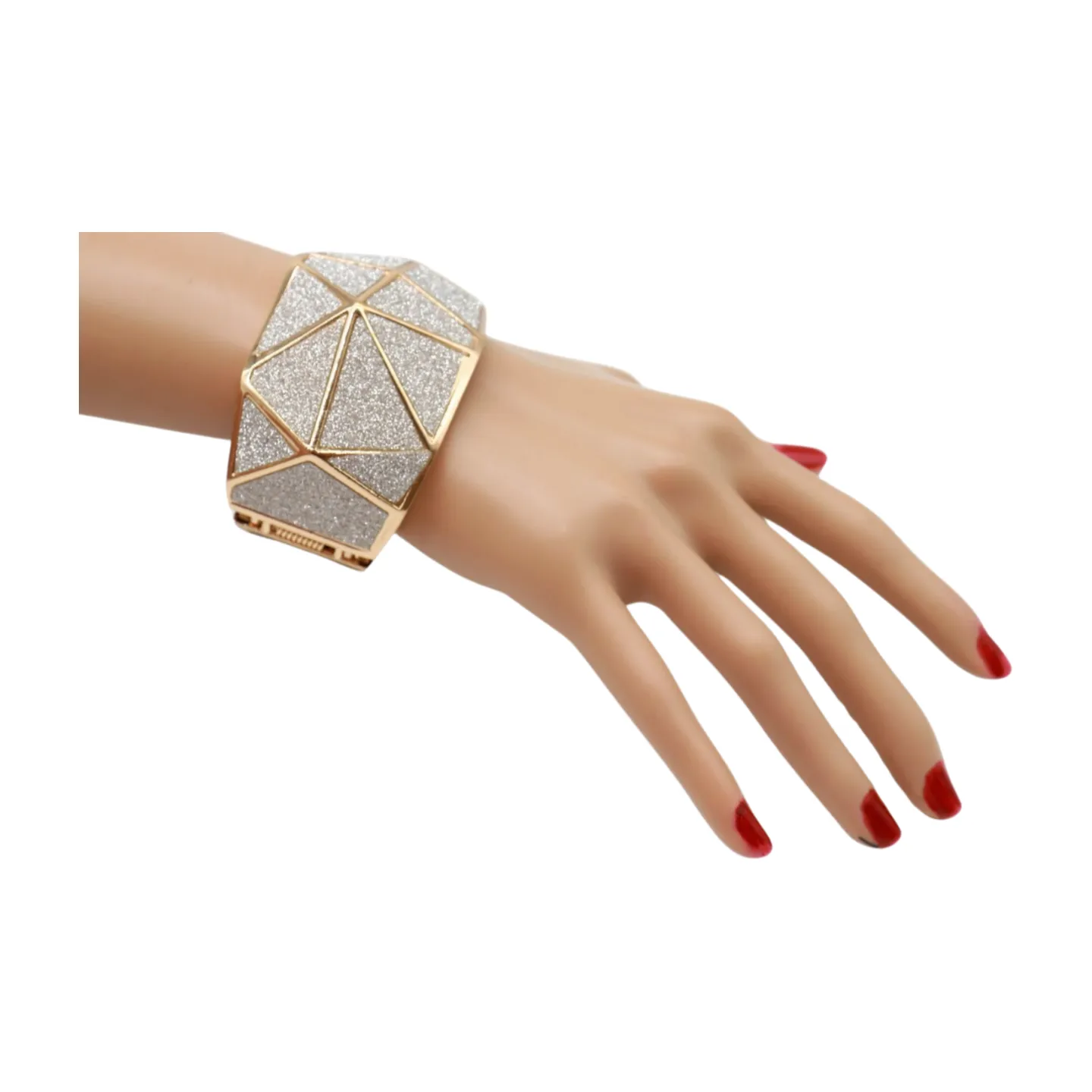Women Gold Metal Wide Bracelet Silver Sparkling Glitter