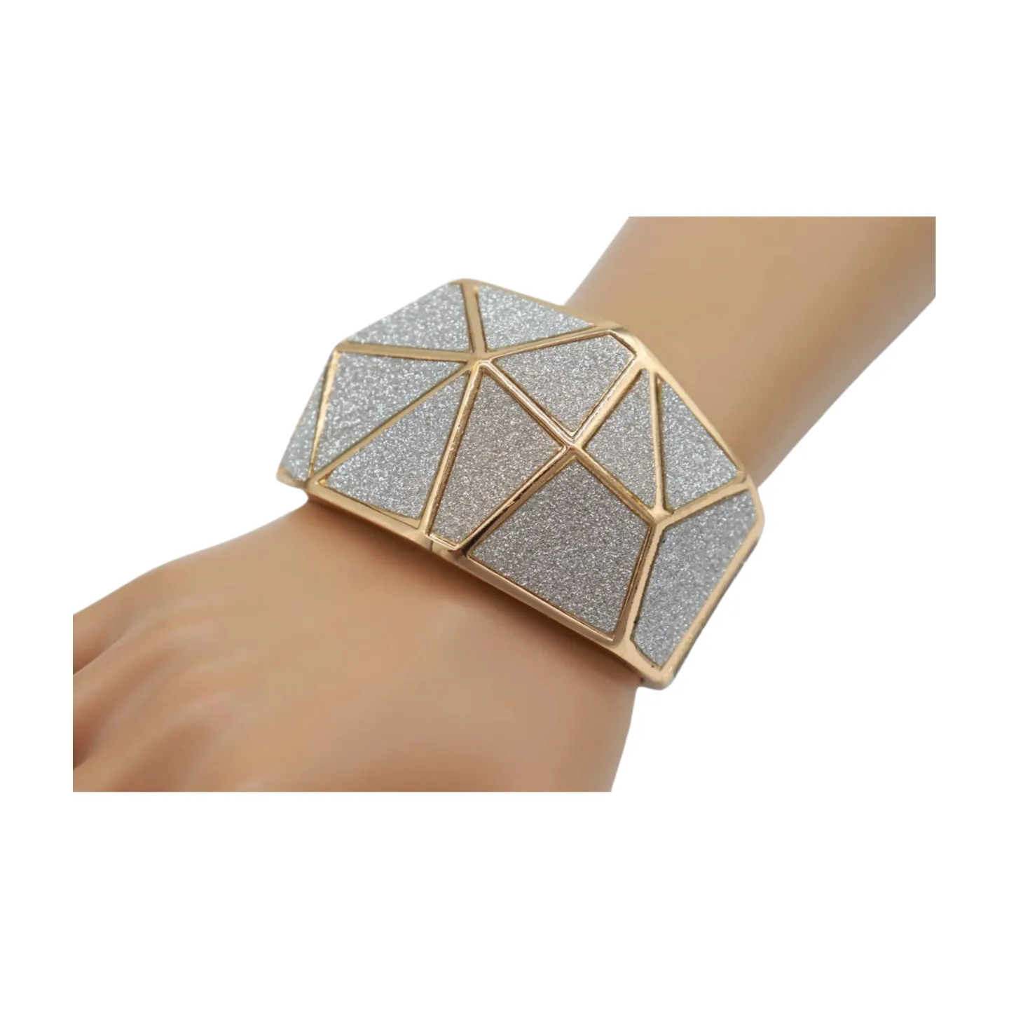 Women Gold Metal Wide Bracelet Silver Sparkling Glitter