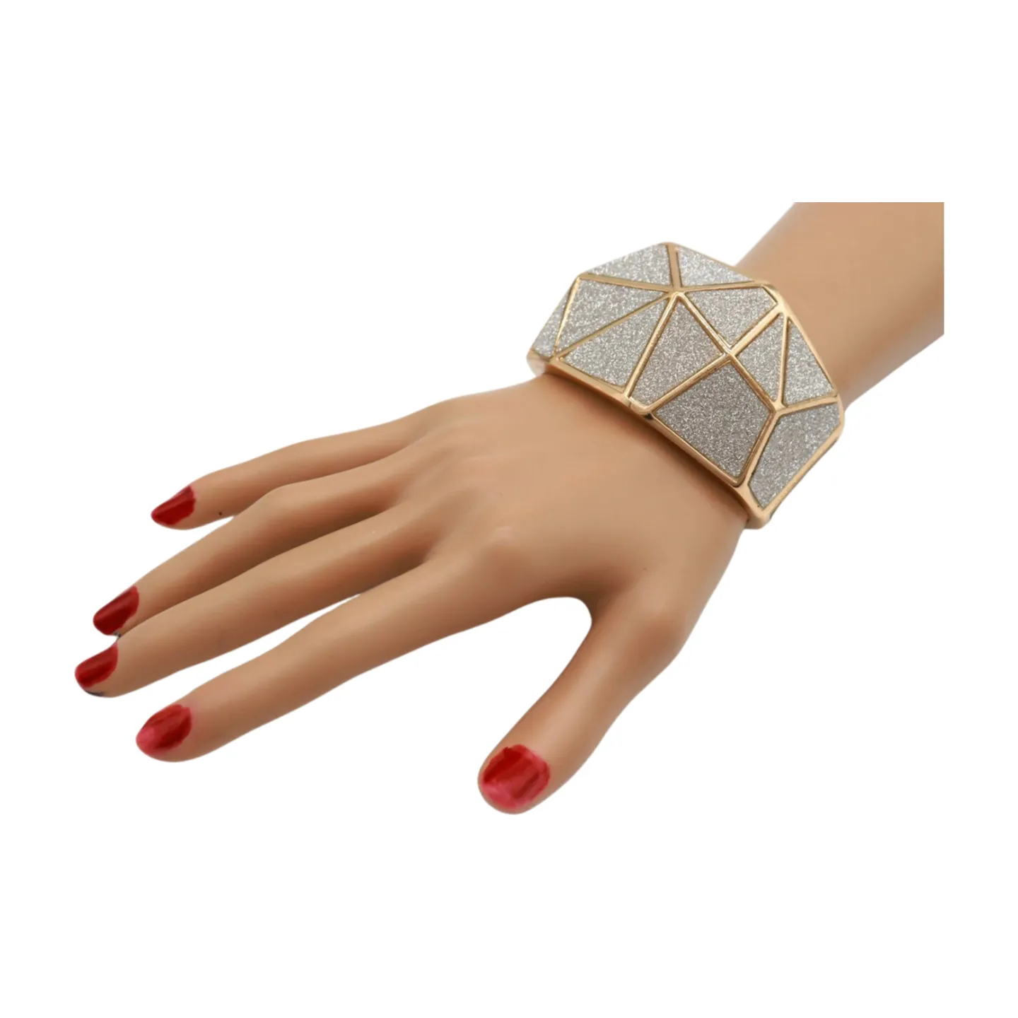 Women Gold Metal Wide Bracelet Silver Sparkling Glitter