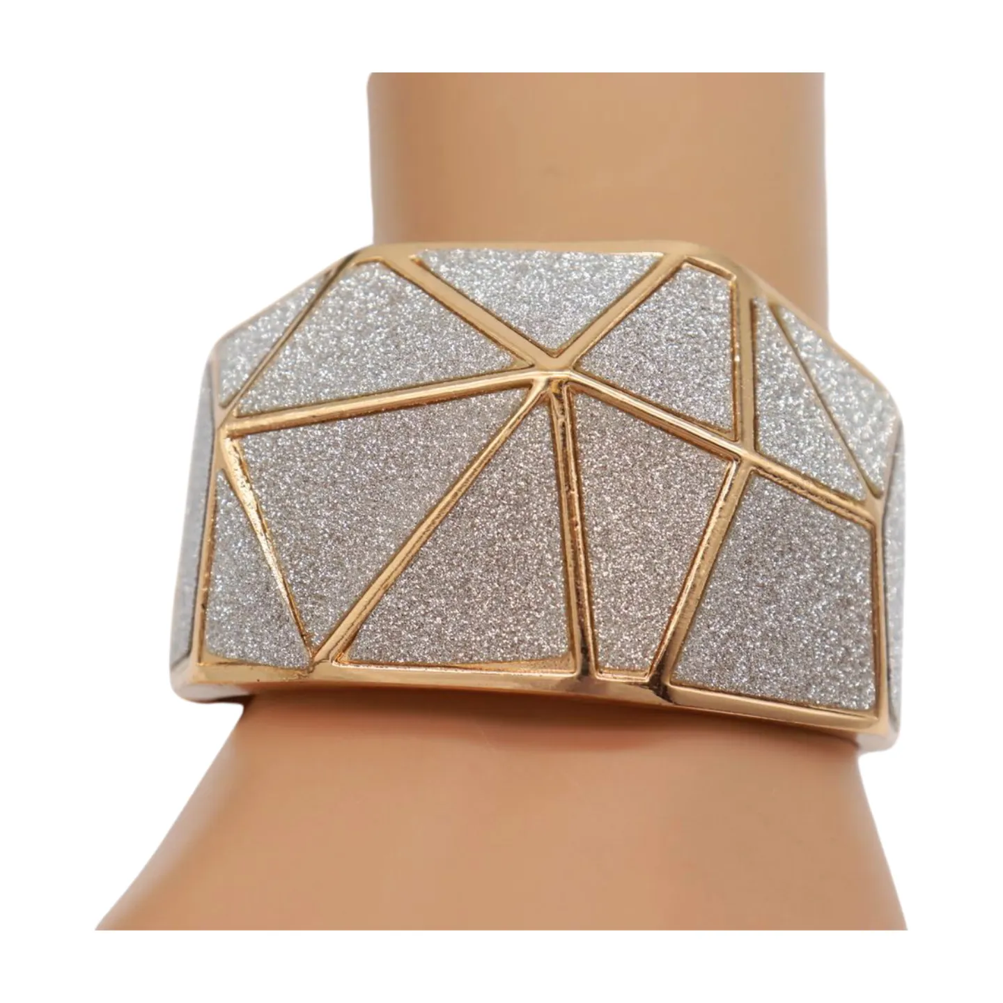 Women Gold Metal Wide Bracelet Silver Sparkling Glitter