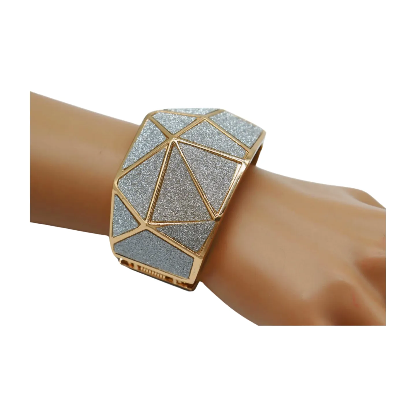 Women Gold Metal Wide Bracelet Silver Sparkling Glitter