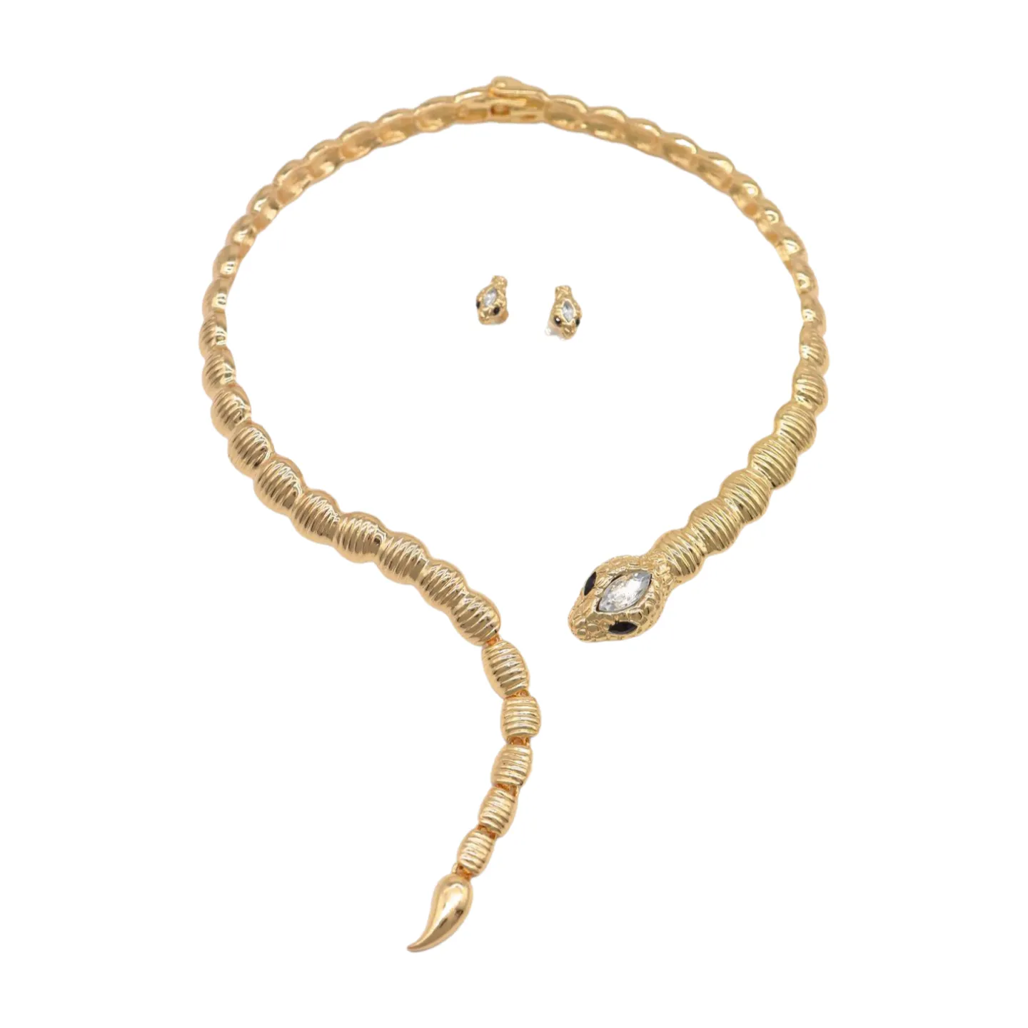 Women Gold Metal Wrap Around Short Snake Necklace   Earrings Set