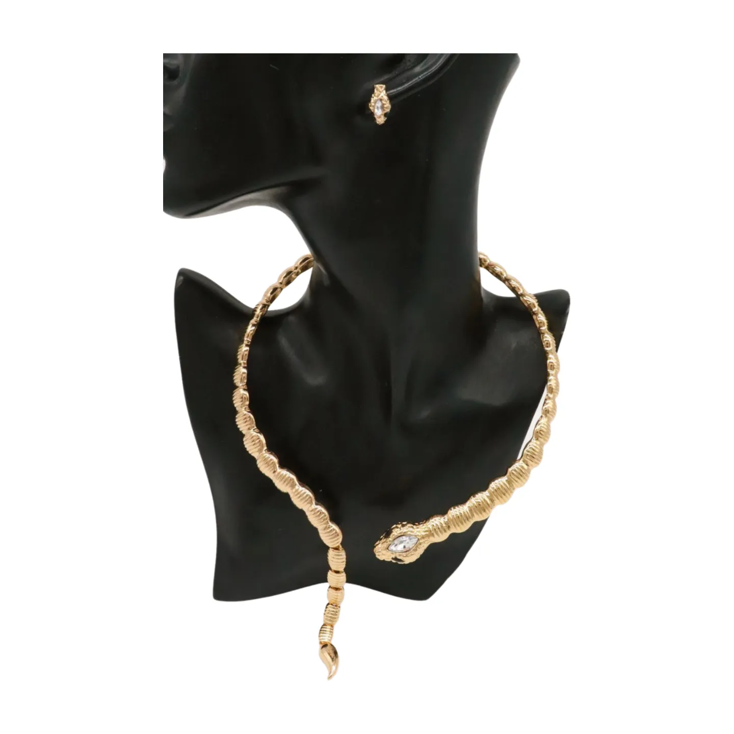 Women Gold Metal Wrap Around Short Snake Necklace   Earrings Set