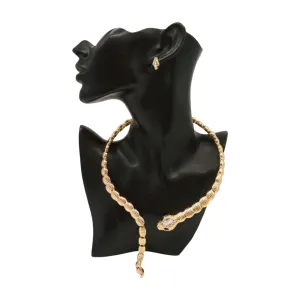 Women Gold Metal Wrap Around Short Snake Necklace   Earrings Set