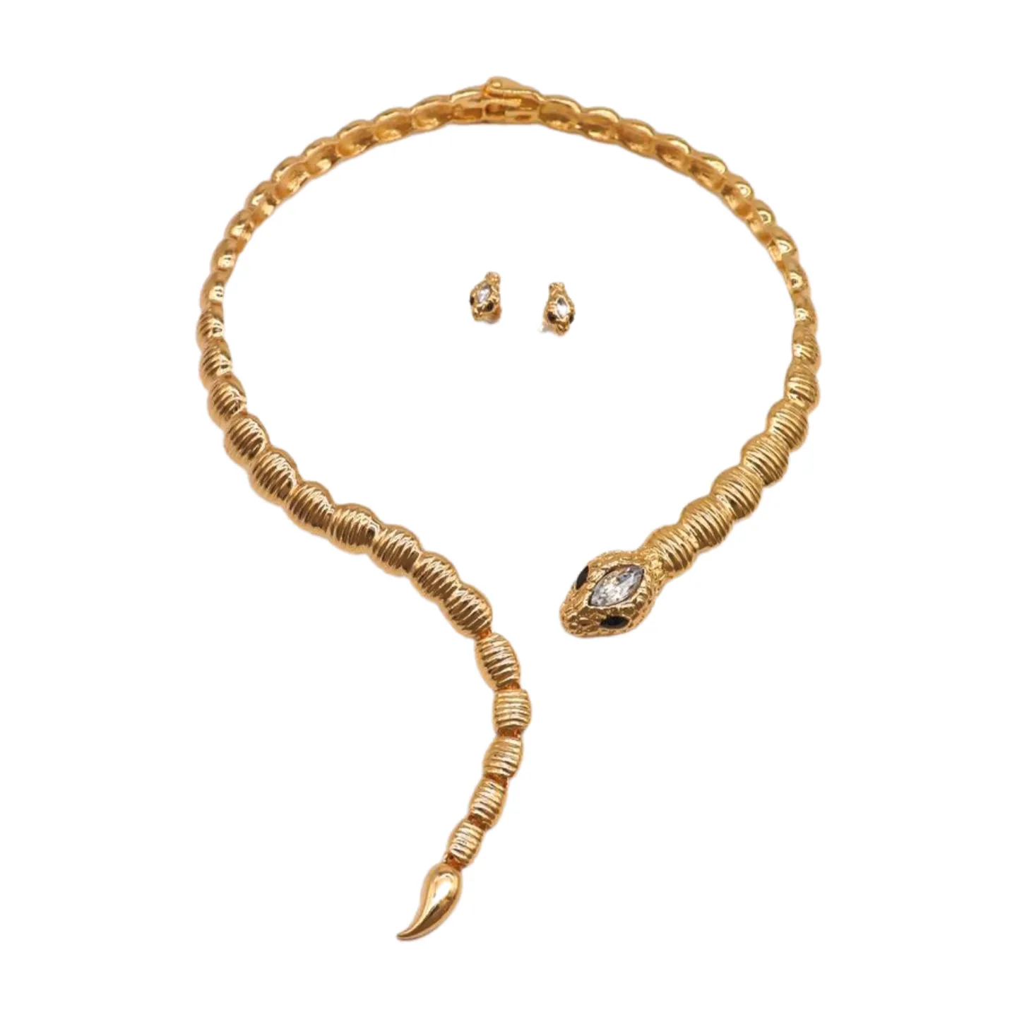 Women Gold Metal Wrap Around Short Snake Necklace   Earrings Set