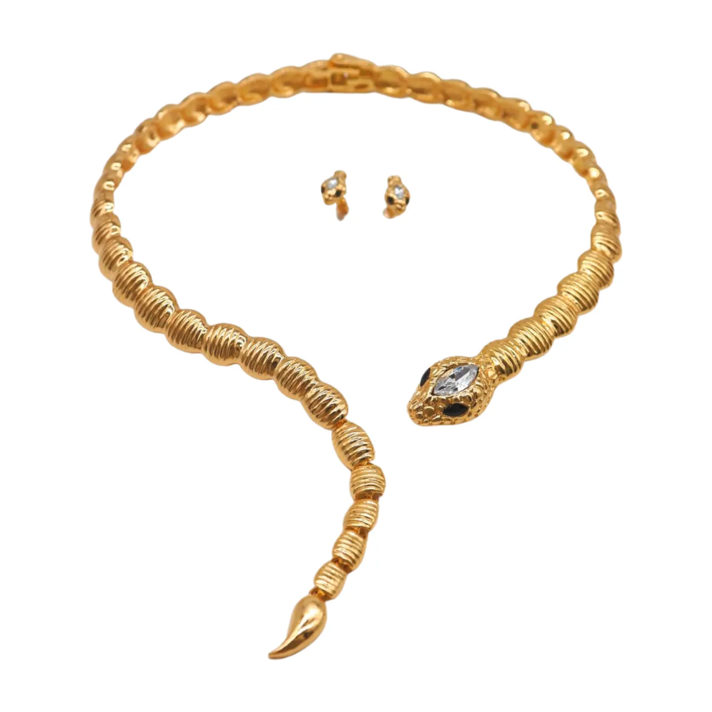 Women Gold Metal Wrap Around Short Snake Necklace   Earrings Set