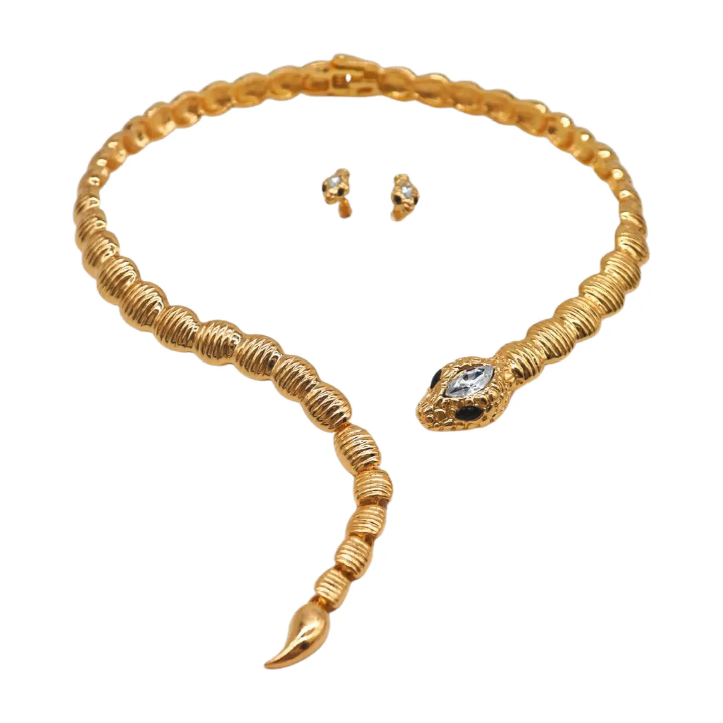 Women Gold Metal Wrap Around Short Snake Necklace   Earrings Set