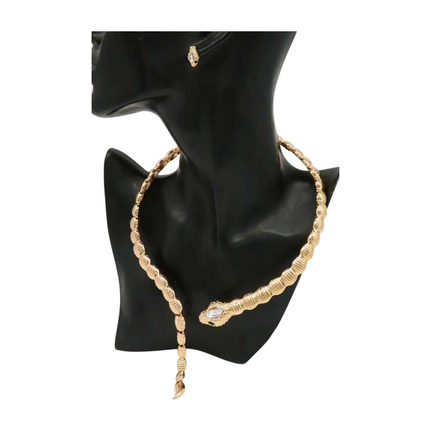 Women Gold Metal Wrap Around Short Snake Necklace   Earrings Set