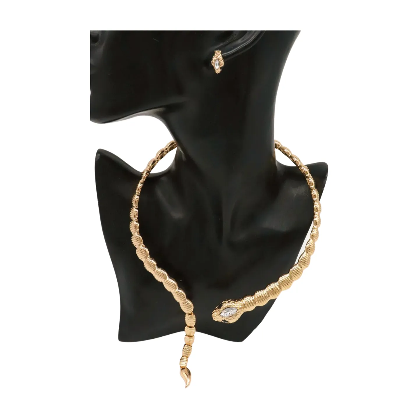 Women Gold Metal Wrap Around Short Snake Necklace   Earrings Set
