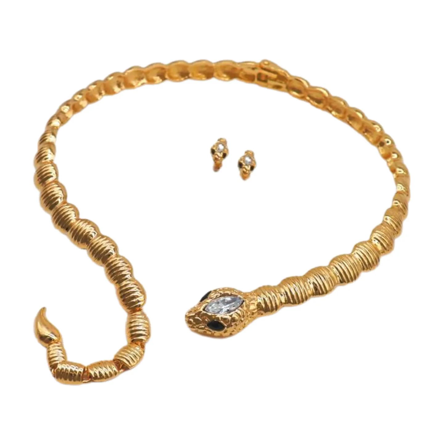 Women Gold Metal Wrap Around Short Snake Necklace   Earrings Set