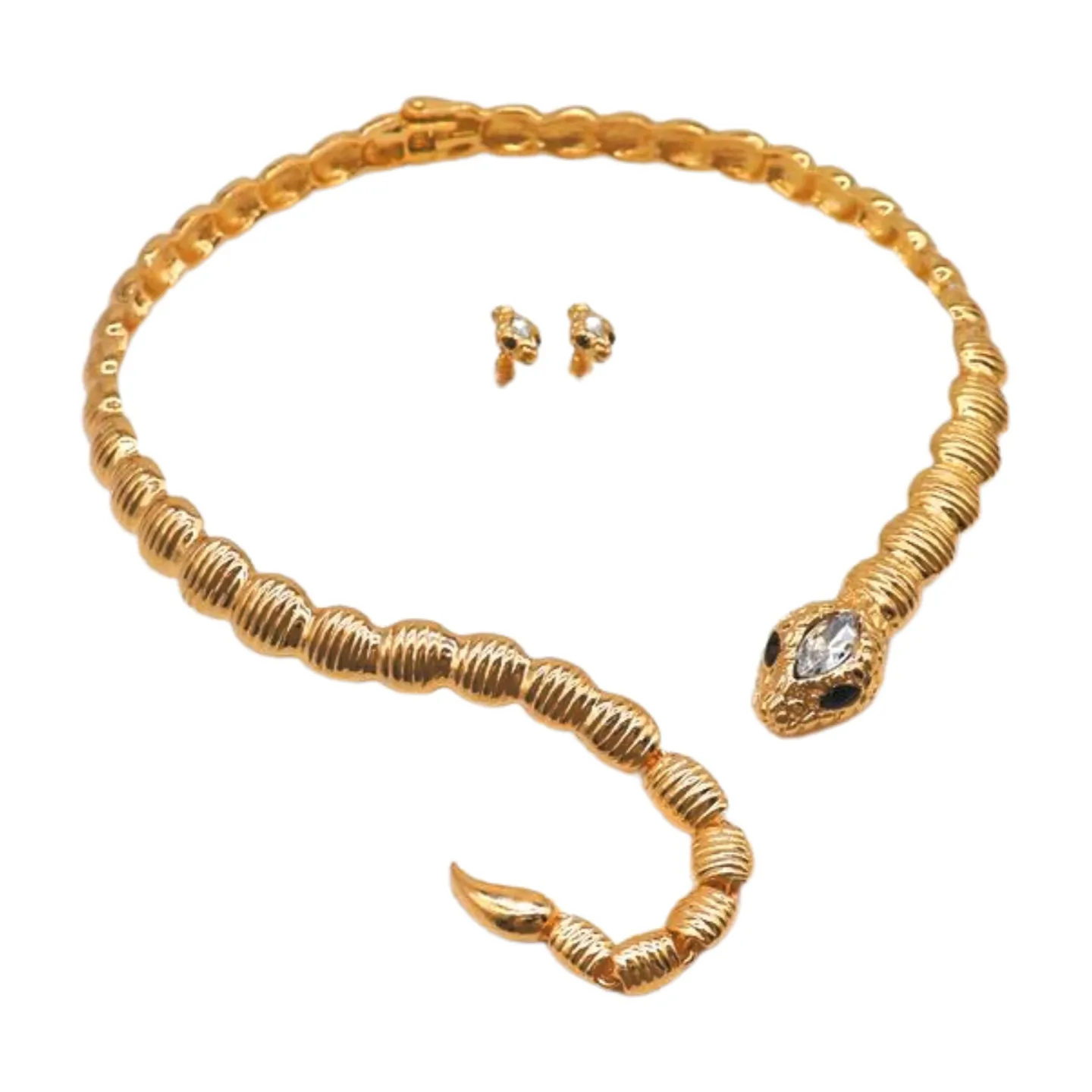 Women Gold Metal Wrap Around Short Snake Necklace   Earrings Set