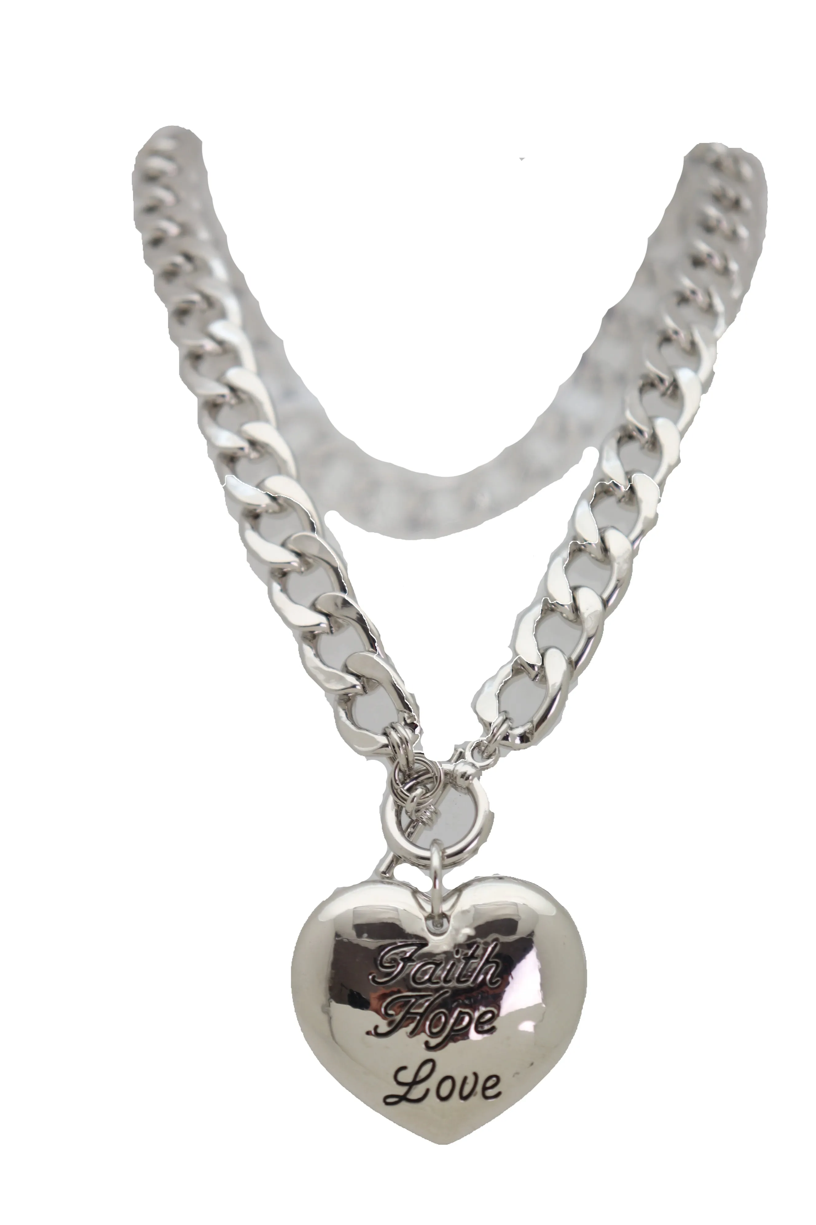 Women Silver Metal Chain Necklace Heart Pendant Faith Hope Love Friendship Gift