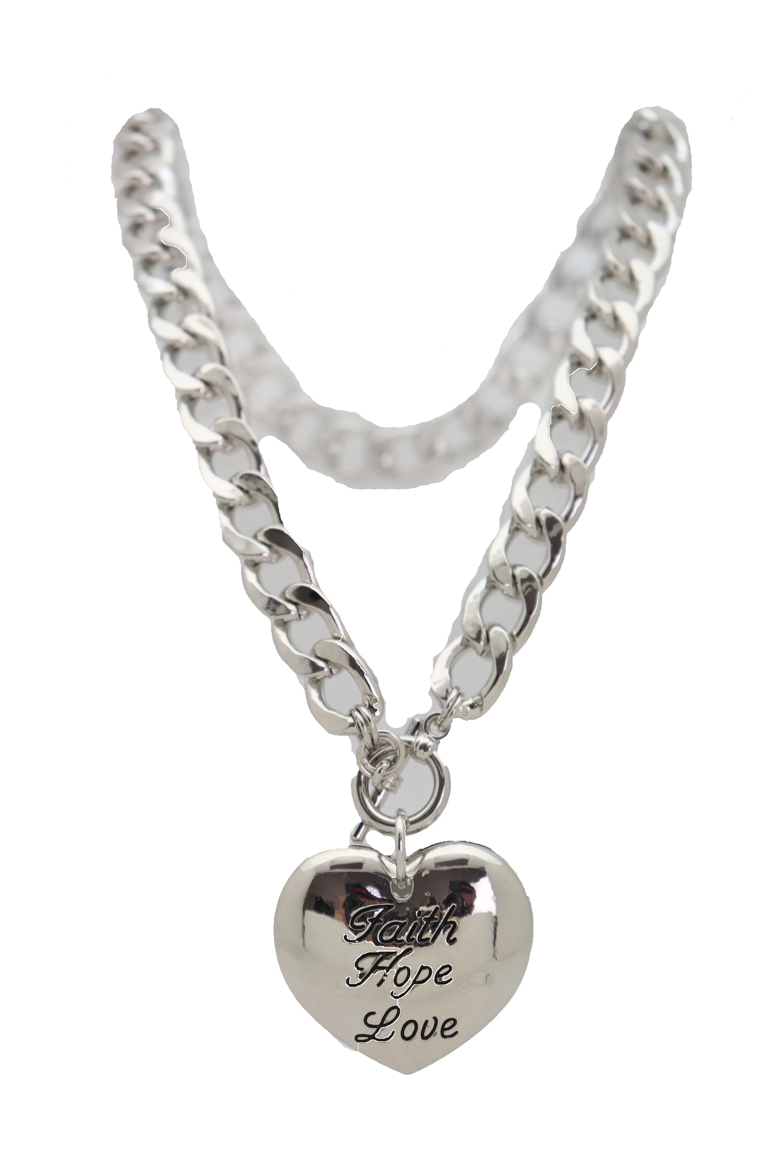 Women Silver Metal Chain Necklace Heart Pendant Faith Hope Love Friendship Gift