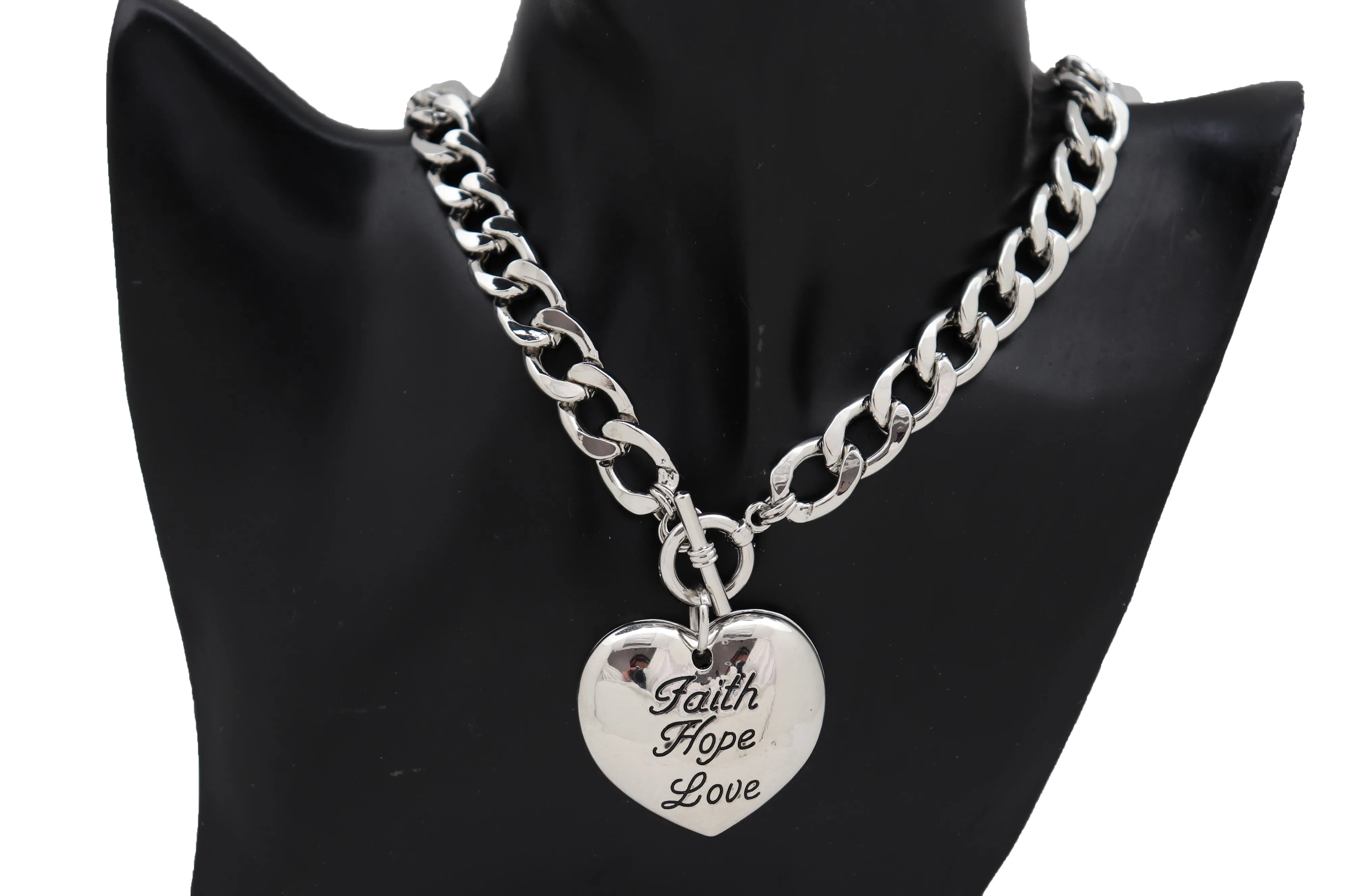 Women Silver Metal Chain Necklace Heart Pendant Faith Hope Love Friendship Gift