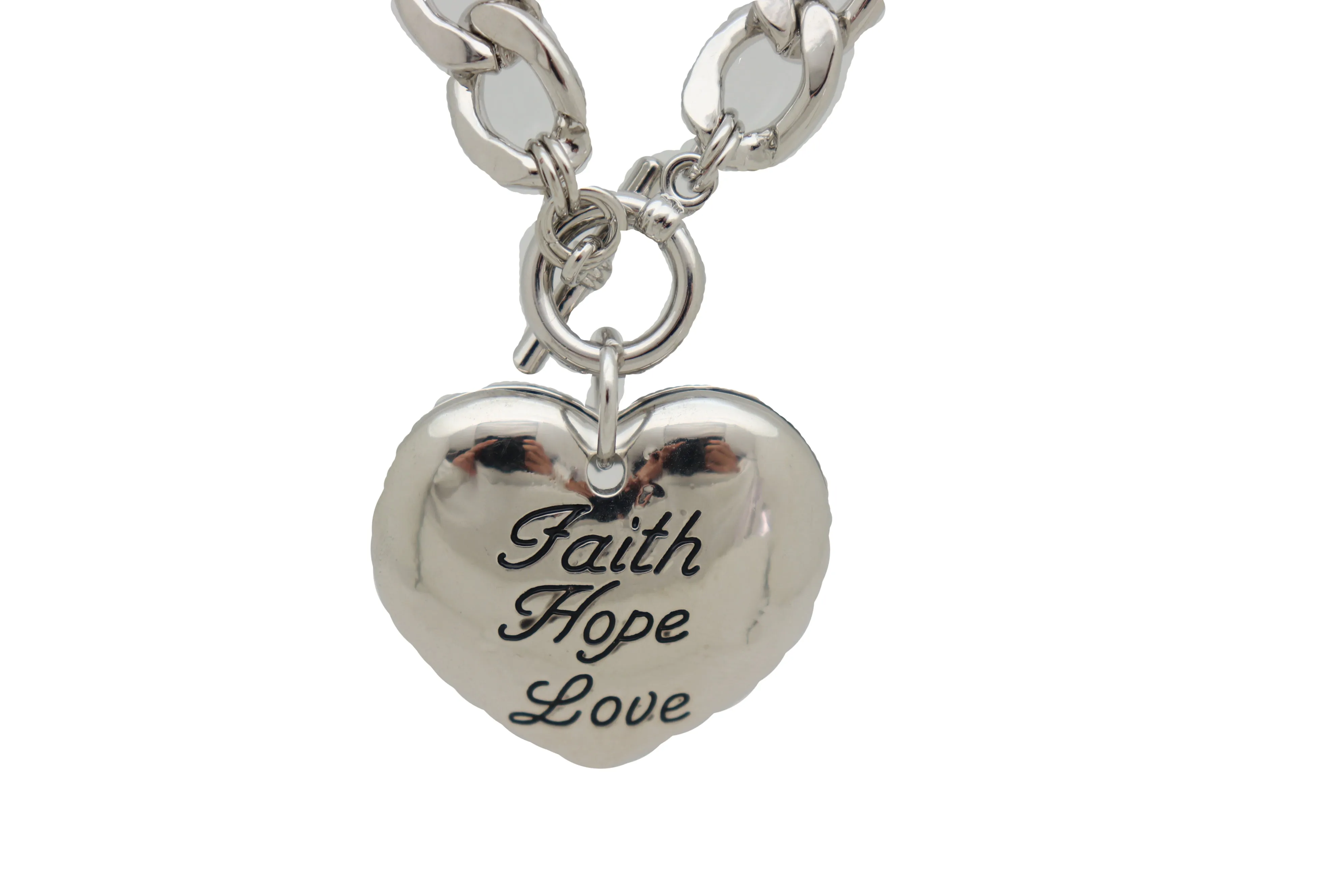 Women Silver Metal Chain Necklace Heart Pendant Faith Hope Love Friendship Gift